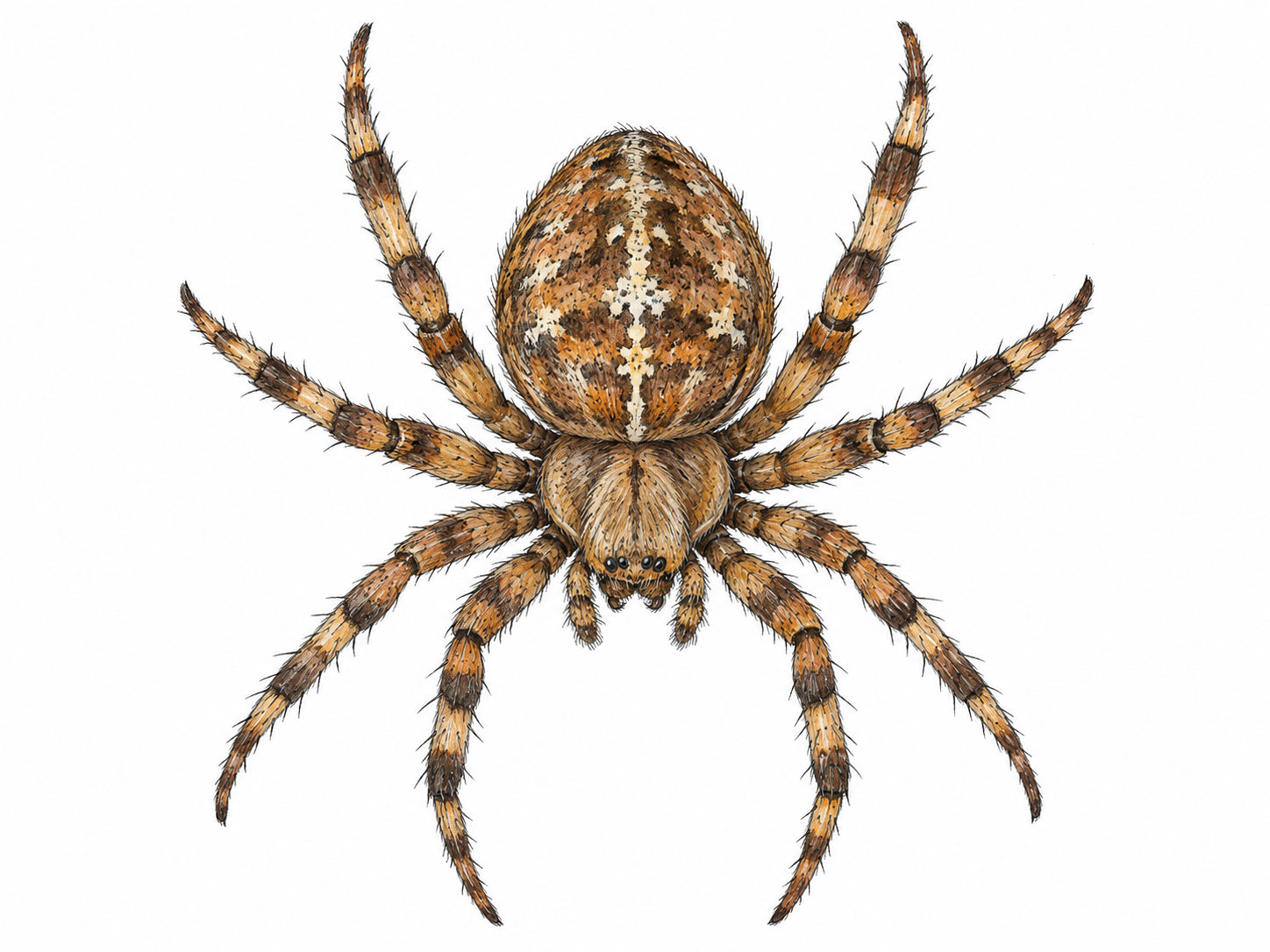 A single anatomically accurate spider viewed from above, its eight legs clearly separated and countable, making the defining arachnid anatomy immediately visible.