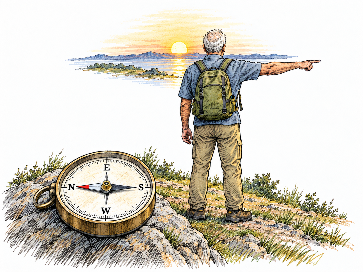 An older man faces a low sunrise and points directly to his right.