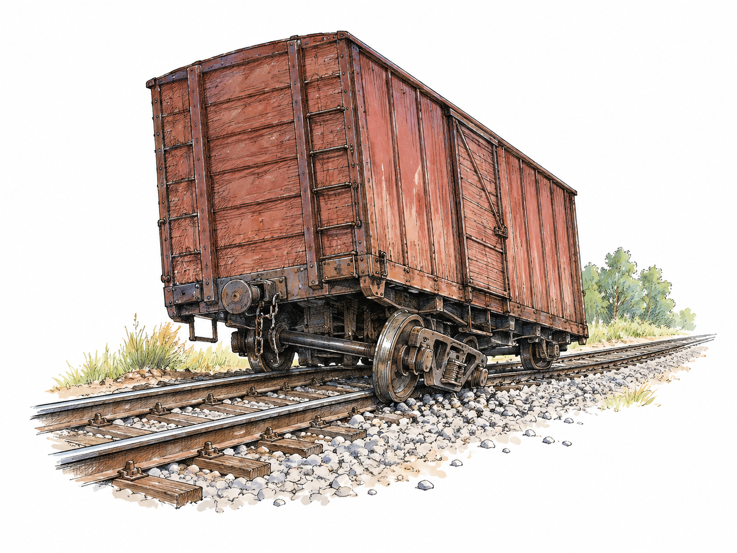 Small freight railcar has wheels visibly off intact rails and leans slightly onto gravel, stopped derailment without injuries or wreckage panorama, no logos.