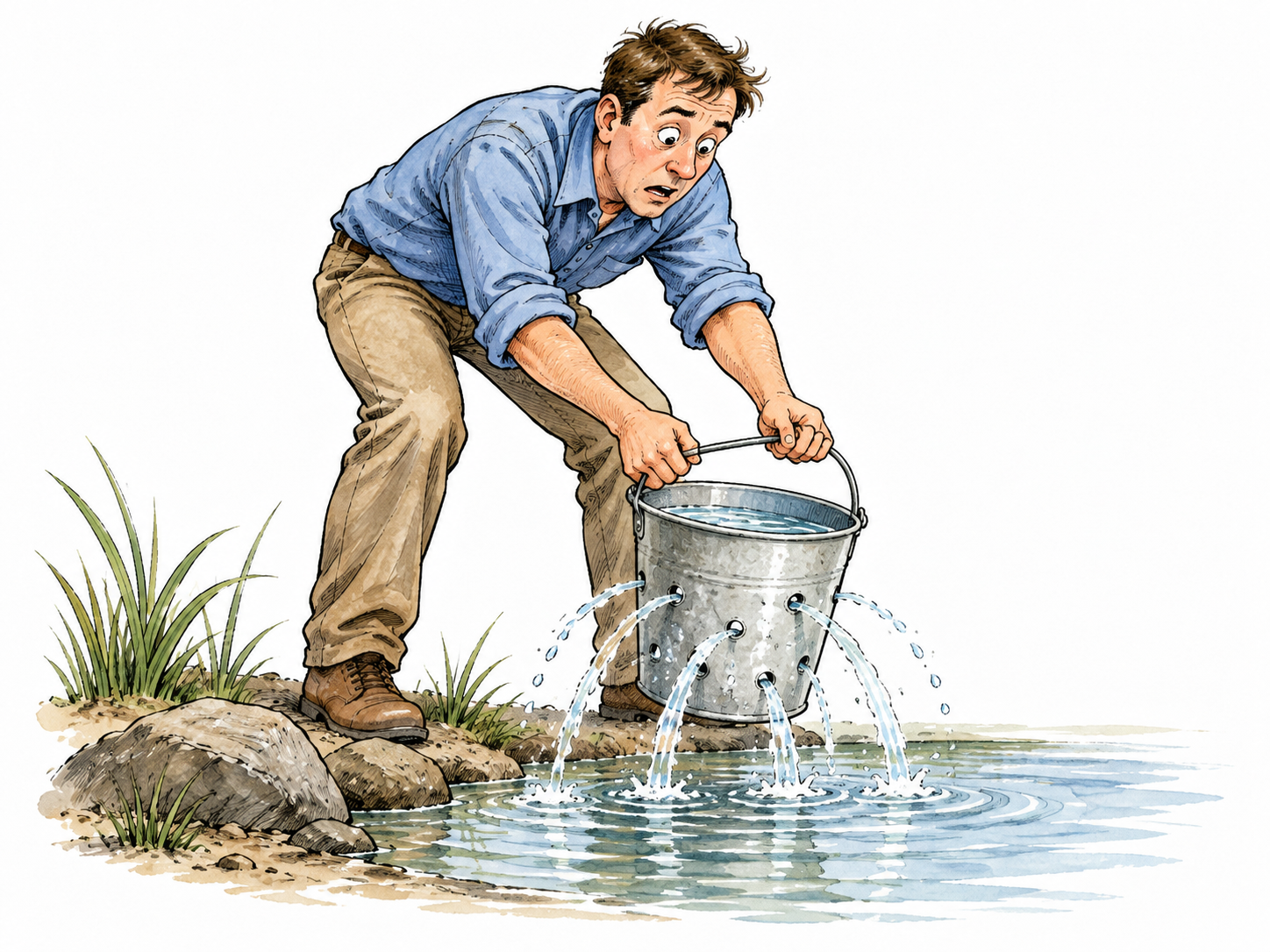 An adult foolishly attempts to fill a plainly perforated bucket with water, surprised as water escapes through holes; foolish behavior rather than disability or identity caricature.
