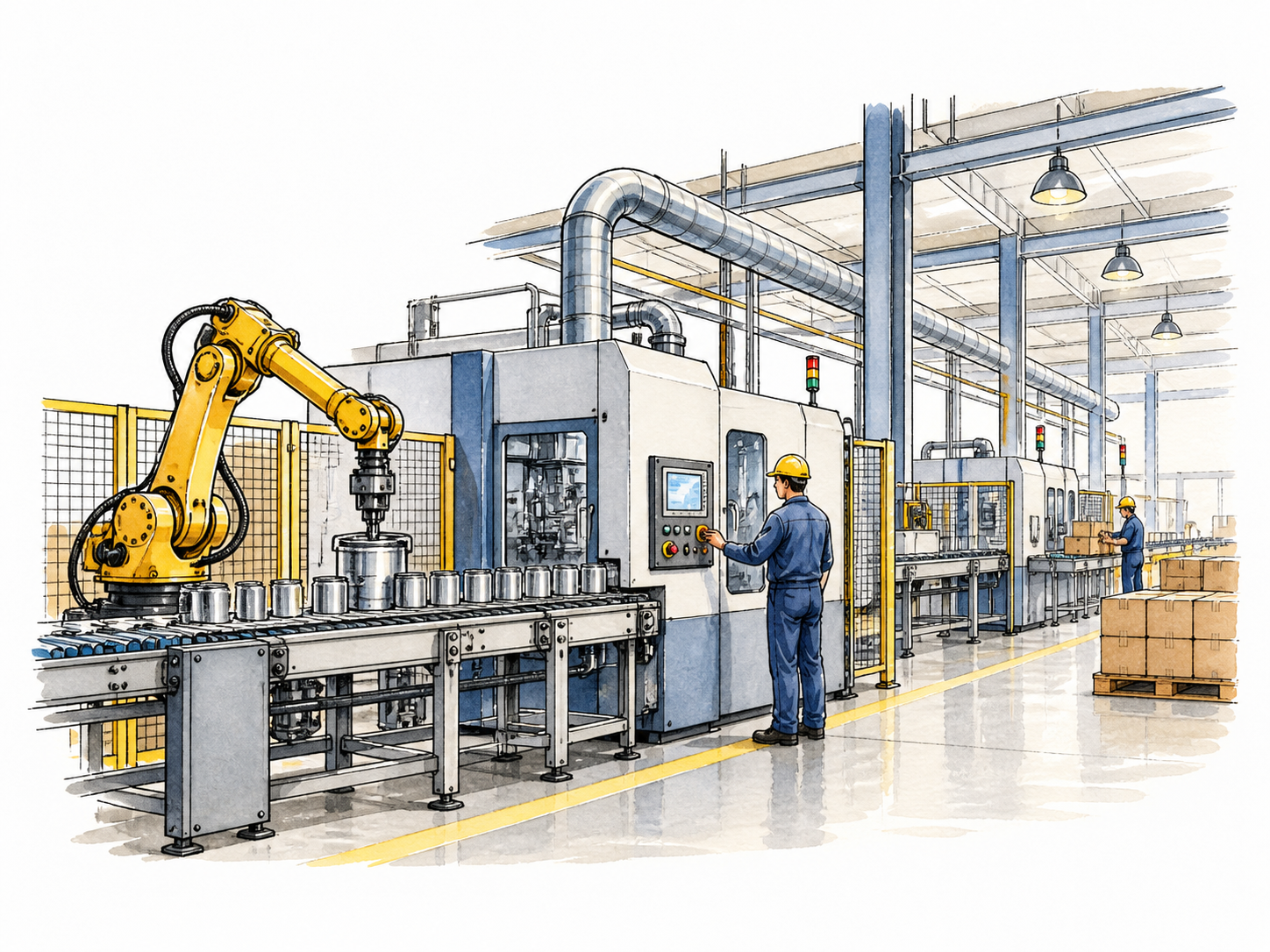 A modern factory hall with machinery, pipes and efficient production stations.