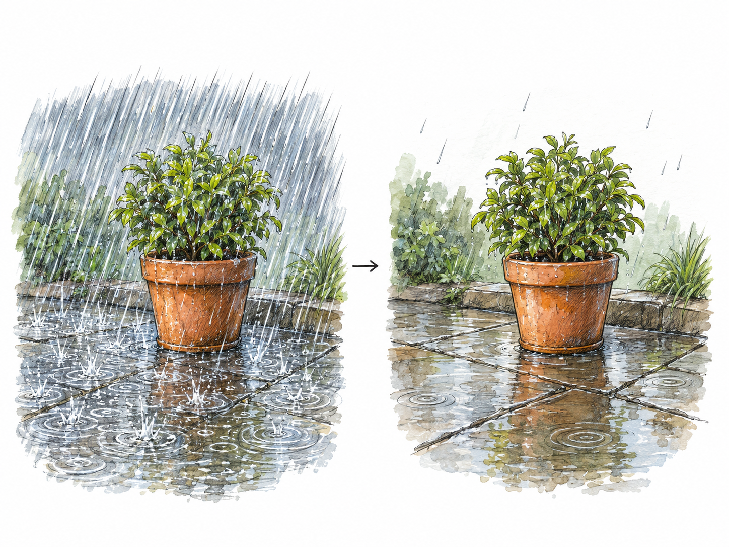 A two-stage view of the same small outdoor scene shows heavy rain easing to a light drizzle.