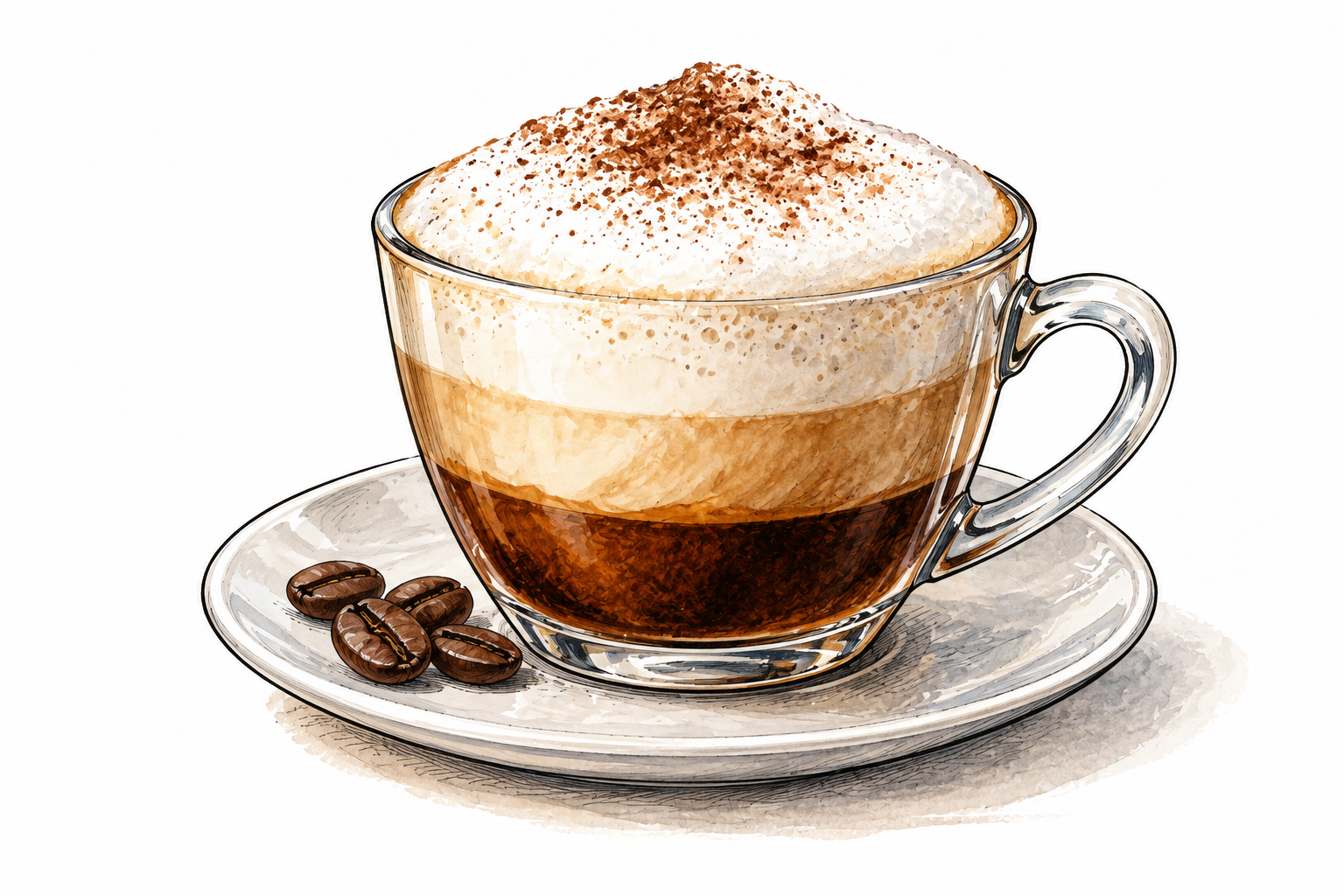 A small cappuccino cup shows coffee, steamed milk and a thick airy foam cap.