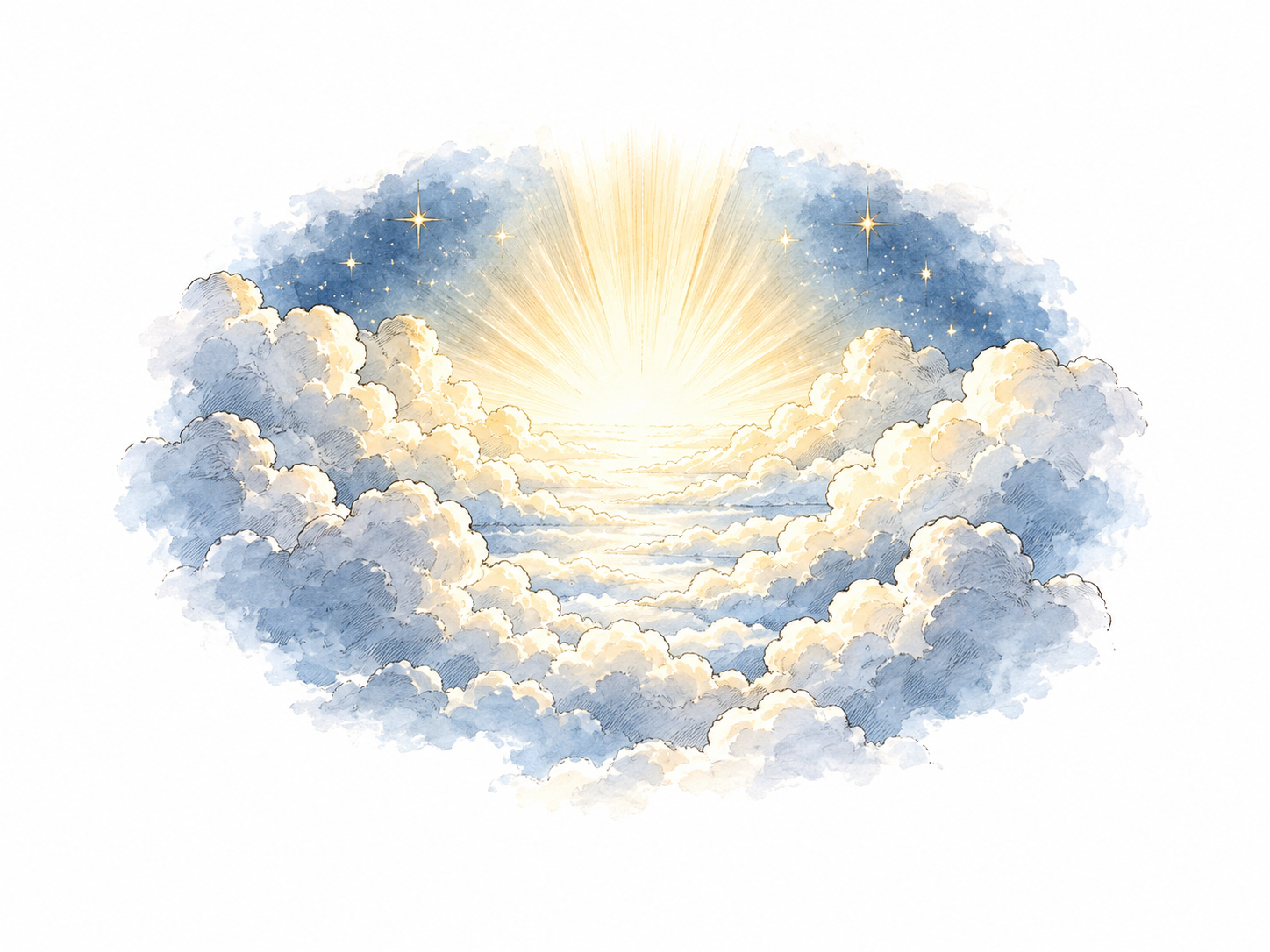 Symbolic celestial highest heaven as luminous opening above layered clouds and faint stars, hand-drawn delicate ink/wash, no religious figure or text.