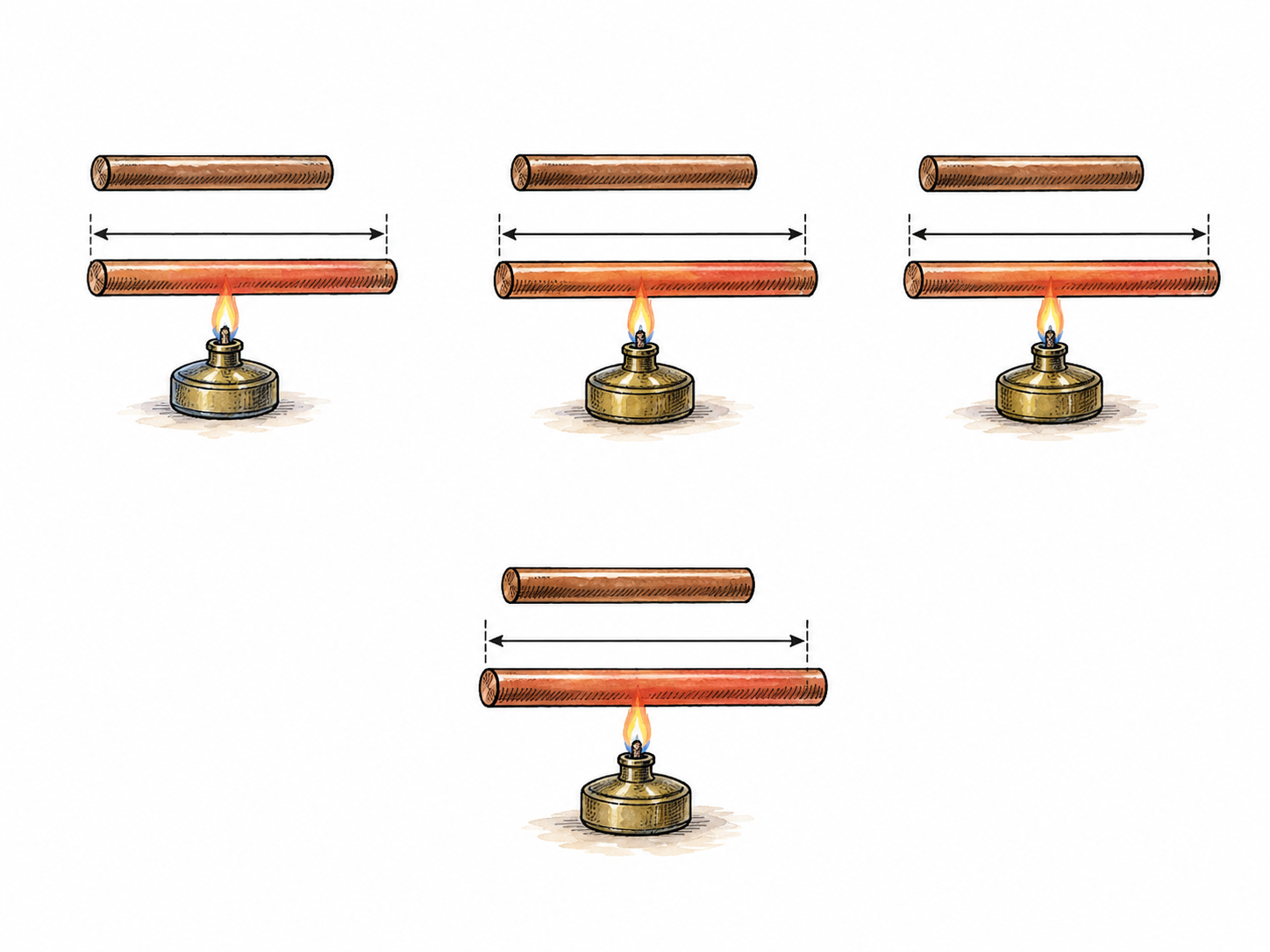 Three individual drawn copper rods expand when heated, each shown before/after with small flame and length arrows; below, one general simple copper-rod expansion example summarizes pattern.