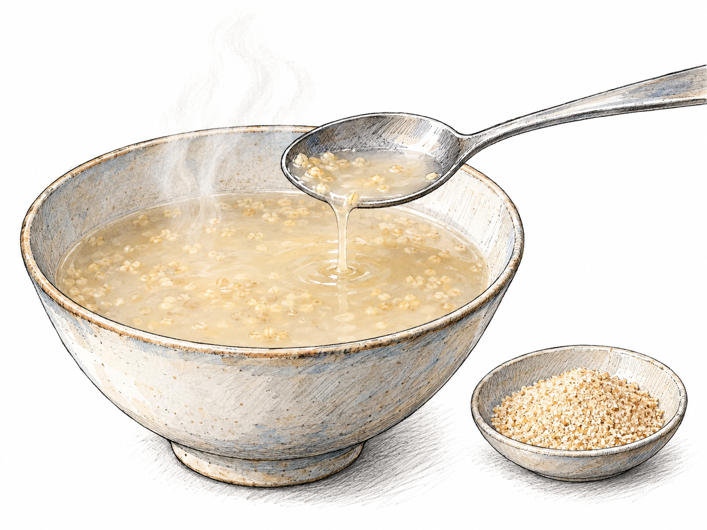 A close view of a plain bowl of watery cooked grain, with sparse softened grain particles visible beneath the liquid and a tilted spoon draining a thin stream back into the bowl.