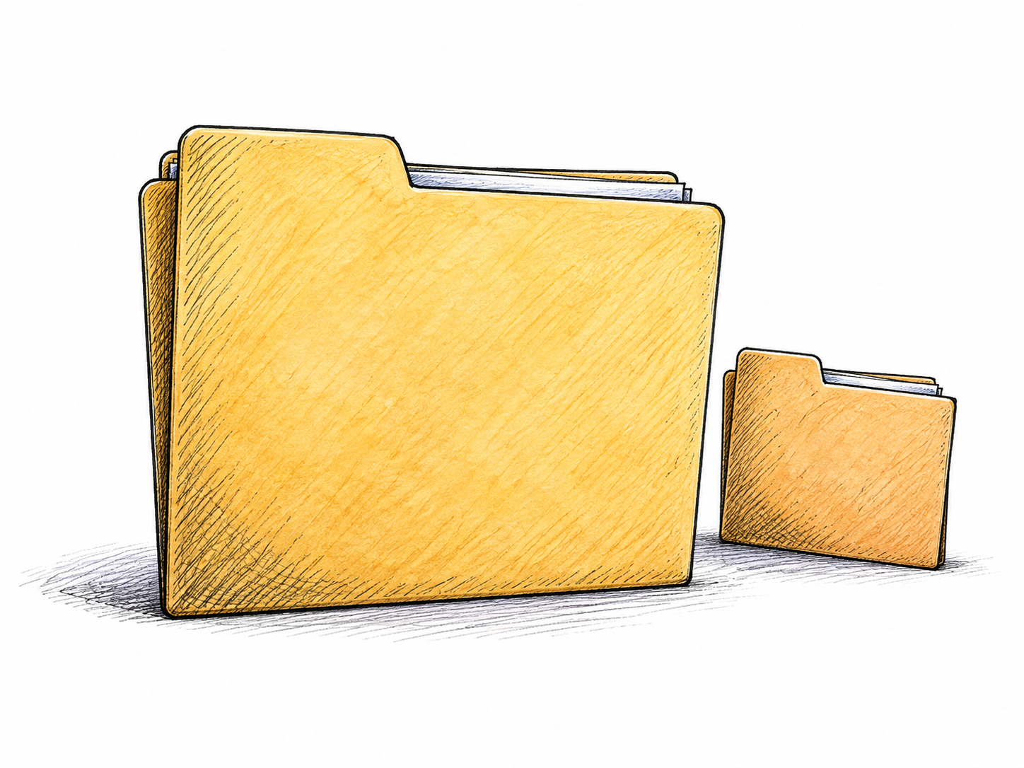 A large central task folder stands before a smaller supporting folder beside it, showing secondary importance through clear visual hierarchy; no readable labels.