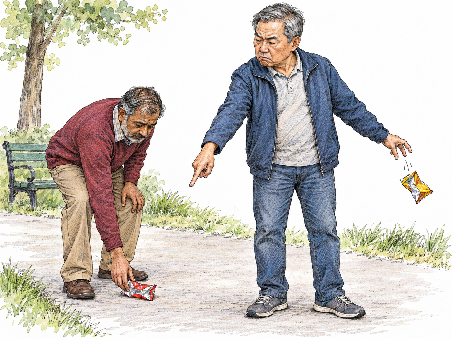 A man visibly scolds another man for dropping litter while secretly dropping his own wrapper behind his back.