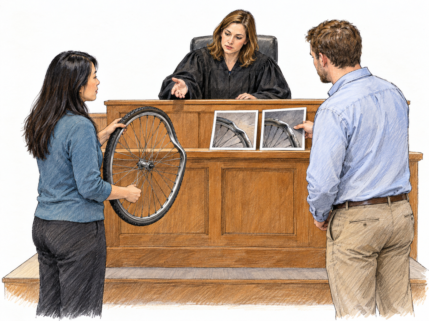 A magistrate presides over a small civil property-damage hearing: a plainly robed judicial officer examines a dented bicycle wheel presented by one party while the other submits photographic evidence.