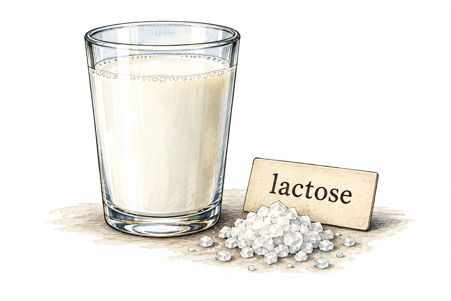 Milk in a clear glass beside a few white sugar crystals and a small label lactose, no molecular bond diagram.