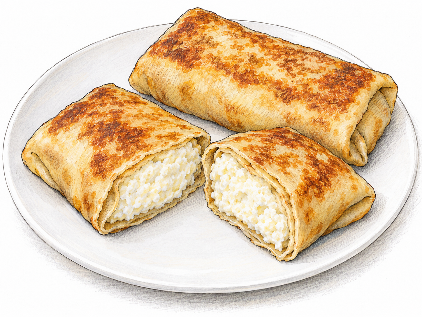 A close-up of golden blintzes on a plain plate, with one cut open to reveal sweet white cheese filling inside a very thin folded pancake wrapper.