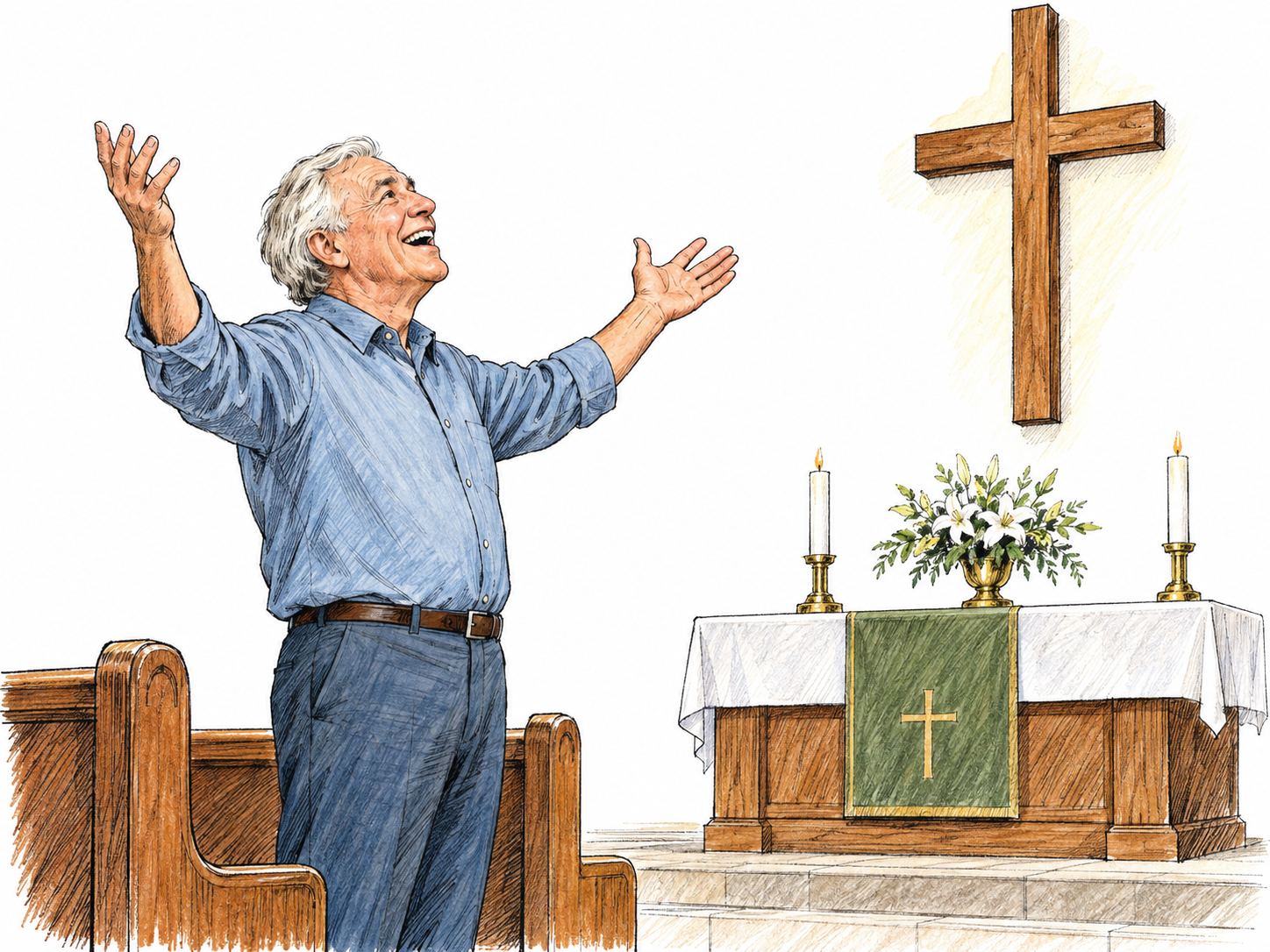 An older worshipper visibly rejoices in a church, smiling broadly with his face lifted and both open hands raised toward a prominent wooden cross.