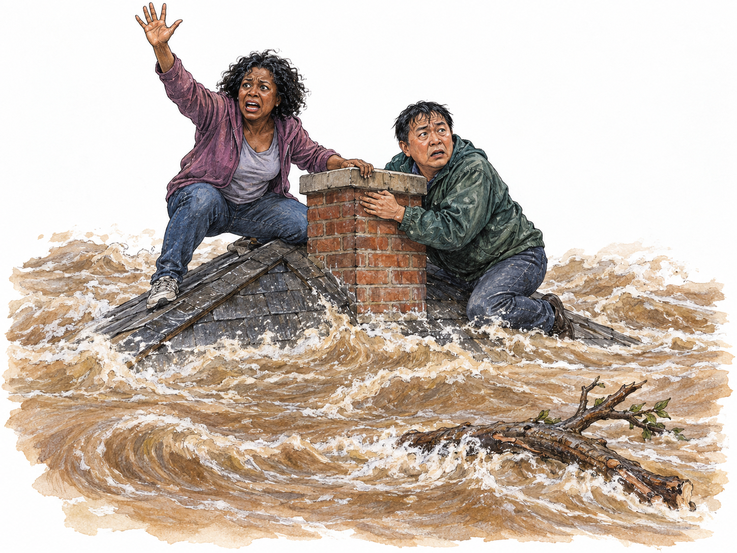 A dire flood emergency: two adults stranded on a tiny exposed section of rooftop as violent floodwater reaches the eaves.
