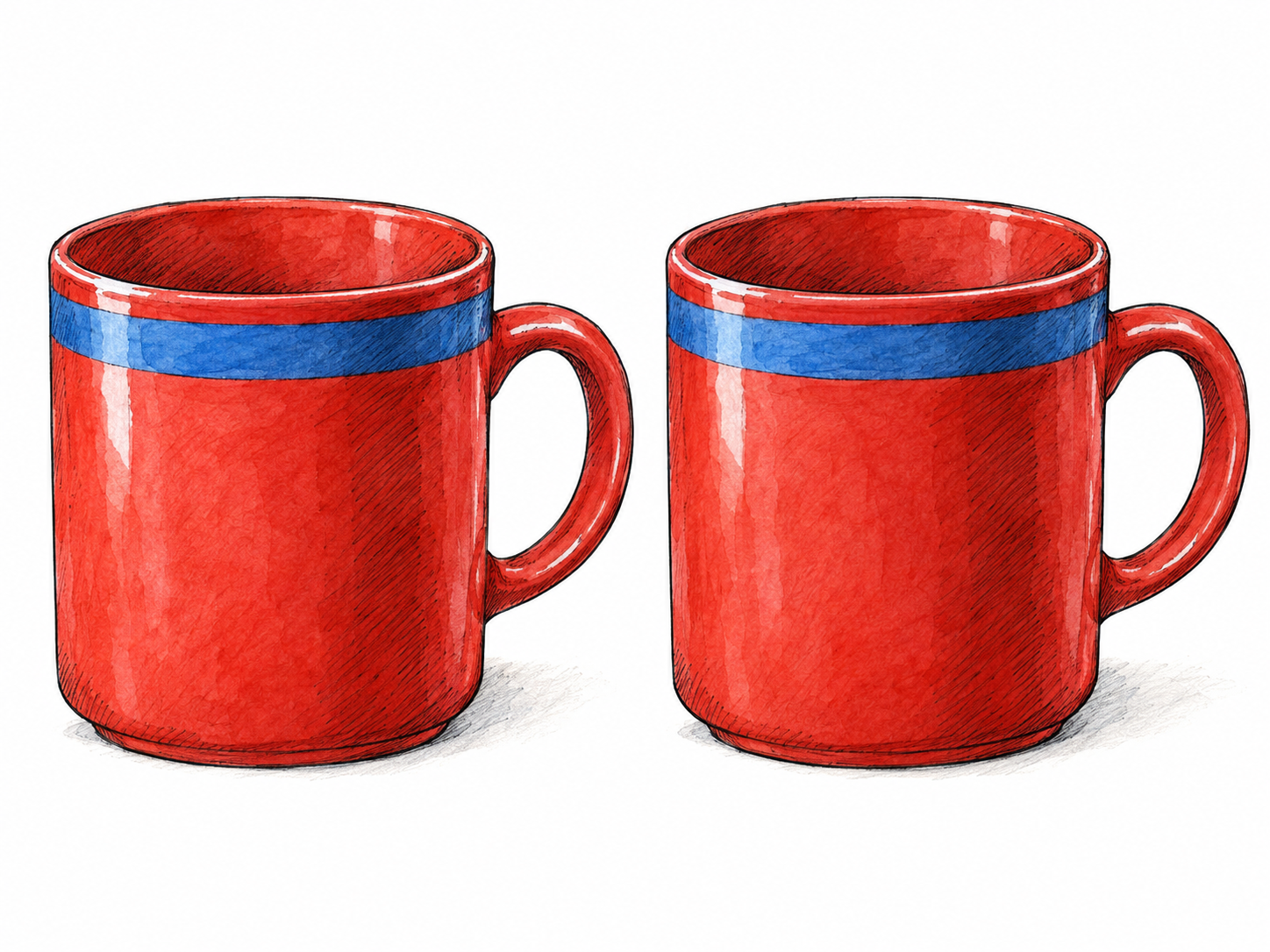 Two identical red ceramic mugs sit side by side, matching in size, shape, color, handle orientation, and a distinctive blue band.