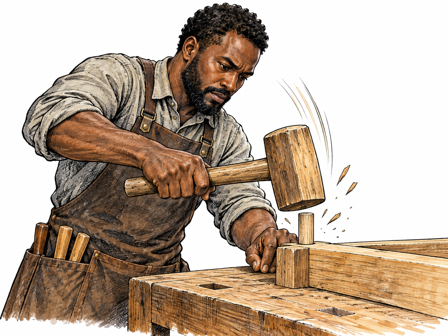 An adult Black carpenter swings a wooden mallet in one sharp forceful strike onto a wooden peg at a workbench.