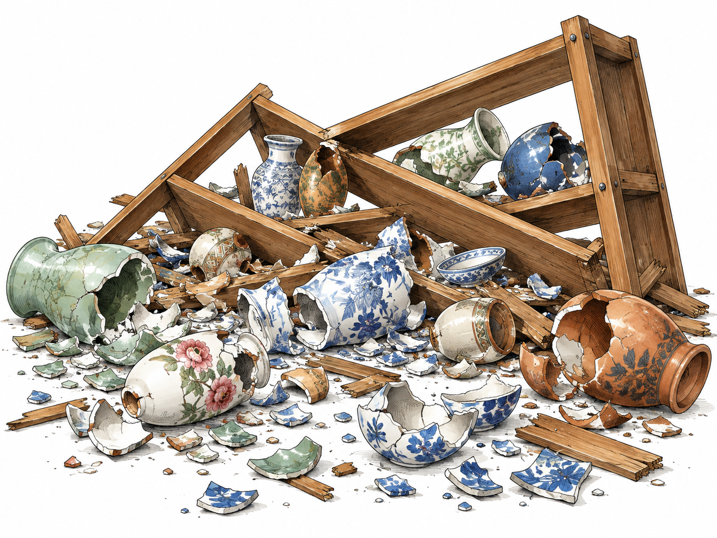 A collapsed display shelf has destroyed an entire arrangement of ceramic vessels; obvious large-scale failure of this small event, no injured person.