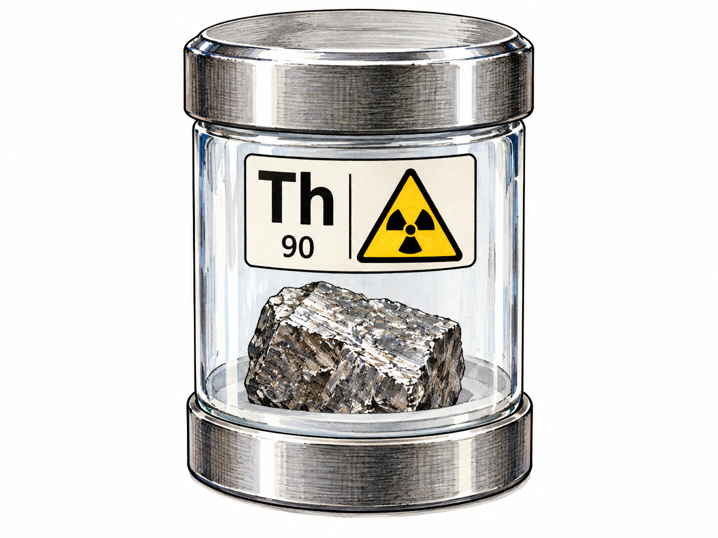A small silvery thorium metal sample sealed behind clear protective laboratory glass, with essential functional Th and 90 identifiers and a radiation pictogram; no handling instructions.