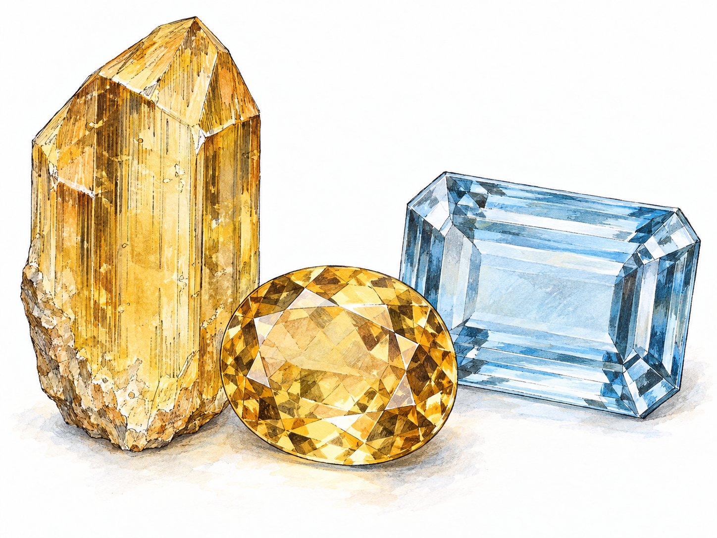 A close-up mineral specimen arrangement: a golden-yellow topaz crystal with a matching faceted gemstone, beside a pale-blue faceted topaz.