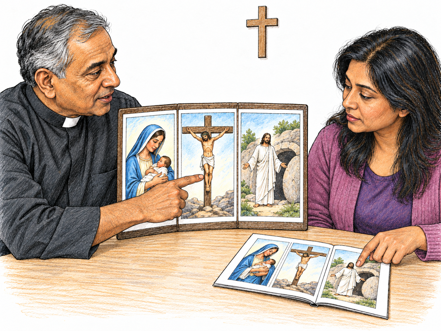 A Christian catechist teaches a connected set of beliefs using three clear devotional pictures, while an adult learner follows the same pictures in a small study booklet.