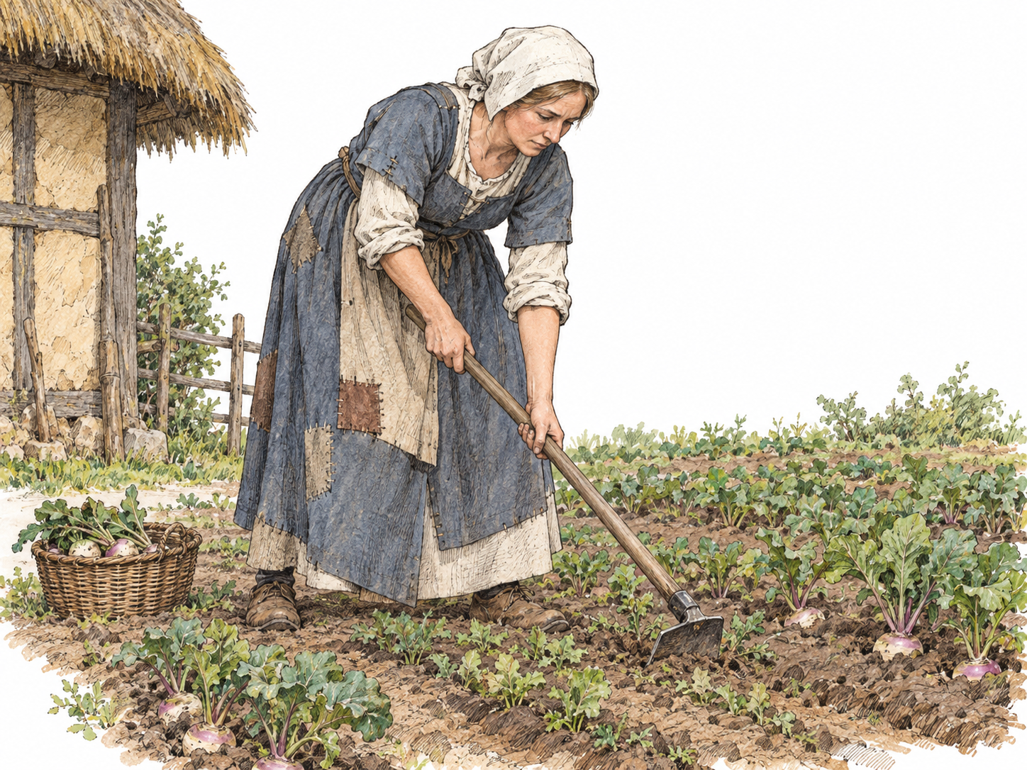 A modestly dressed rural farmer in late-medieval France hoes a small cultivated plot beside her simple dwelling, with patched clothing, worn shoes and basic hand tools making her limited means visible.