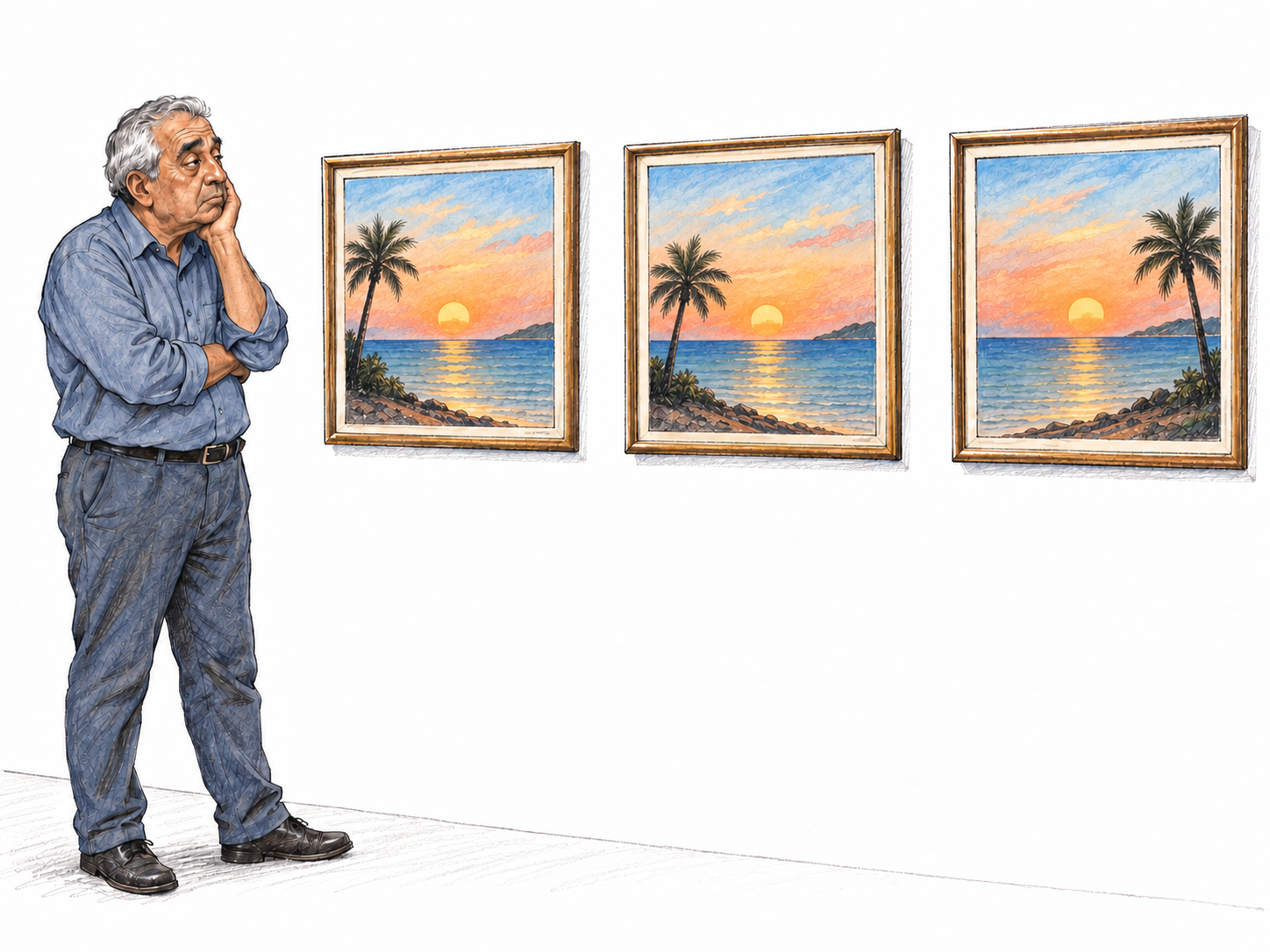A bored gallery visitor surveys several nearly identical, uninspired sunset paintings: the same orange sun, flat horizon, and lone palm tree repeated with only trivial differences.