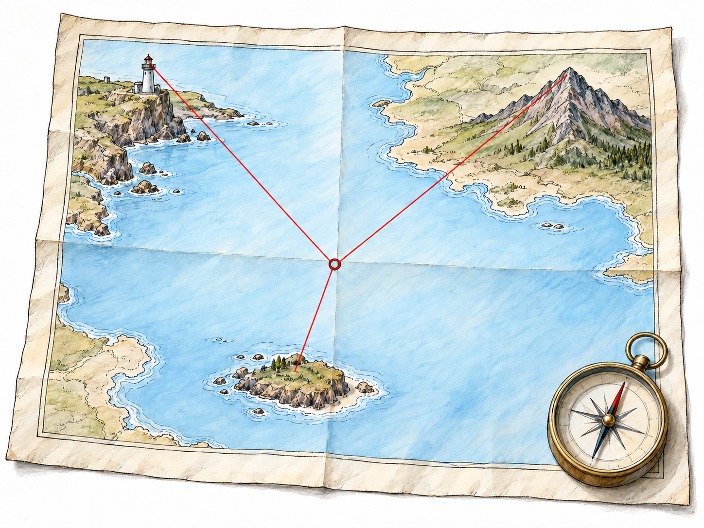 An unlabeled navigation map shows three bearing lines from distinct mapped landmarks converging precisely on one position marker, making the use of multiple reference points visible.