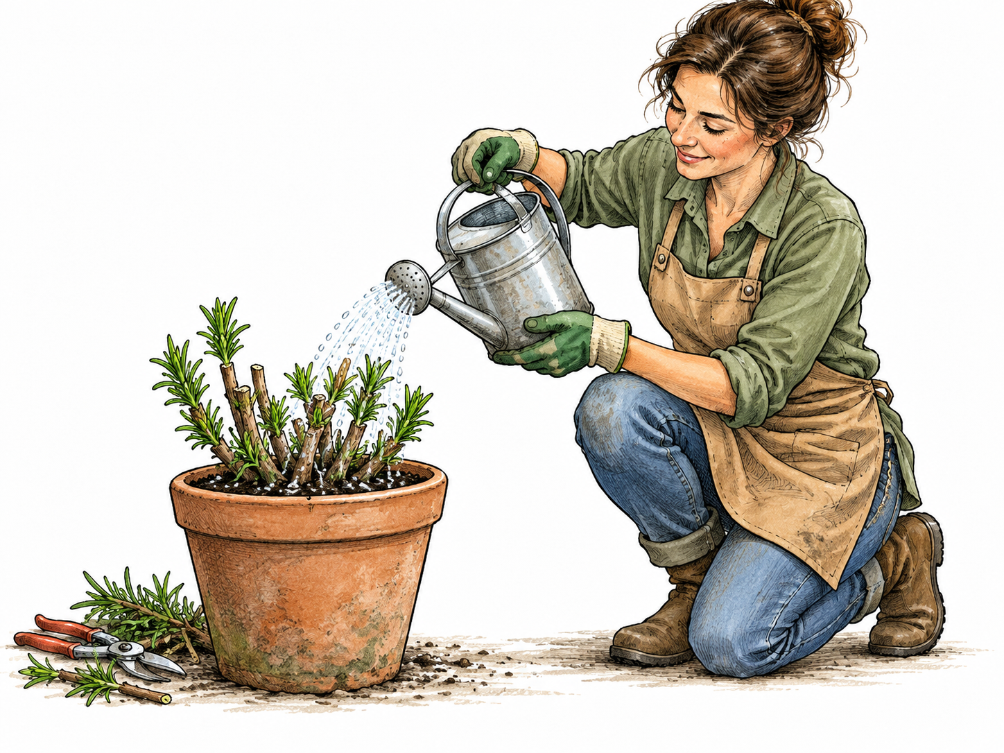 A pruned herb plant grows bright new leaves from its remaining stems in a plain pot while a white gardener waters it.