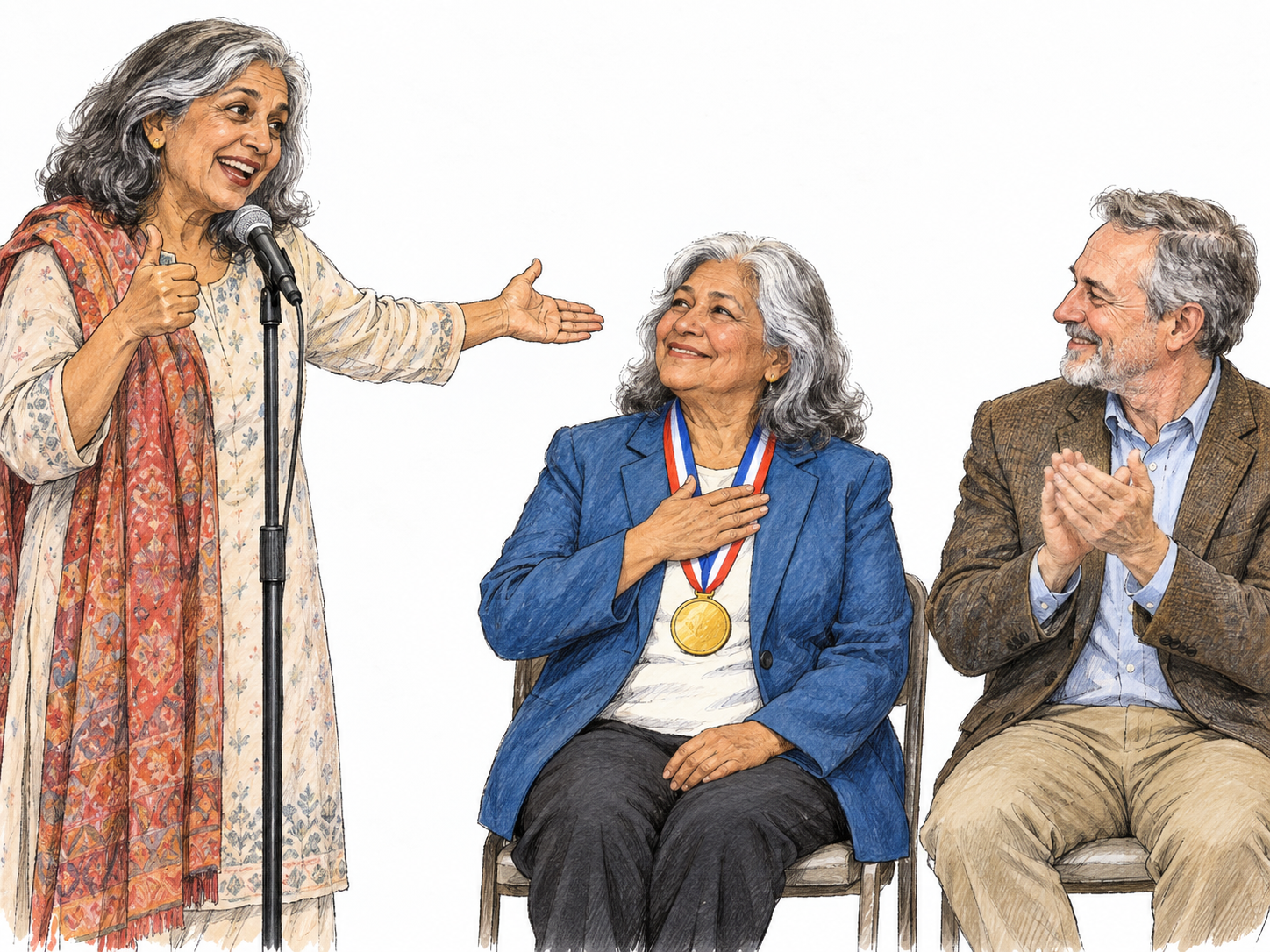 An exuberant spoken tribute: a speaker at a microphone directs enthusiastic praise toward a clearly separate, modestly receiving honoree.