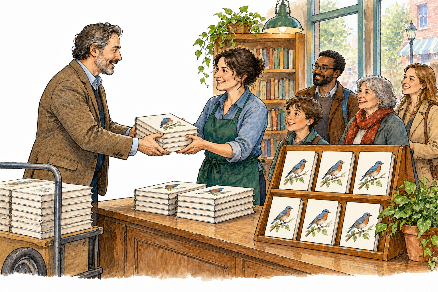 An editor releases newly printed books to a bookshop display for waiting readers, active handover of finished volumes, covers have simple illustrations only and no lettering.