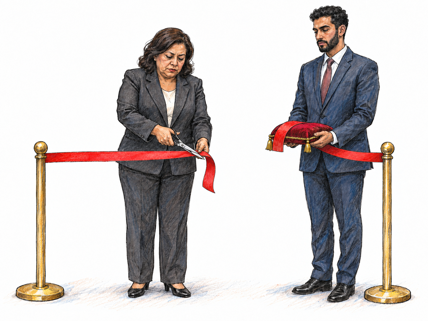 A pompous ribbon-cutting ceremony for nothing: a formally dressed woman solemnly snips a ribbon stretched between two freestanding posts on otherwise empty ground, while a formally dressed man presents the loose ribbon end on a velvet cushion with exaggerated gravity.