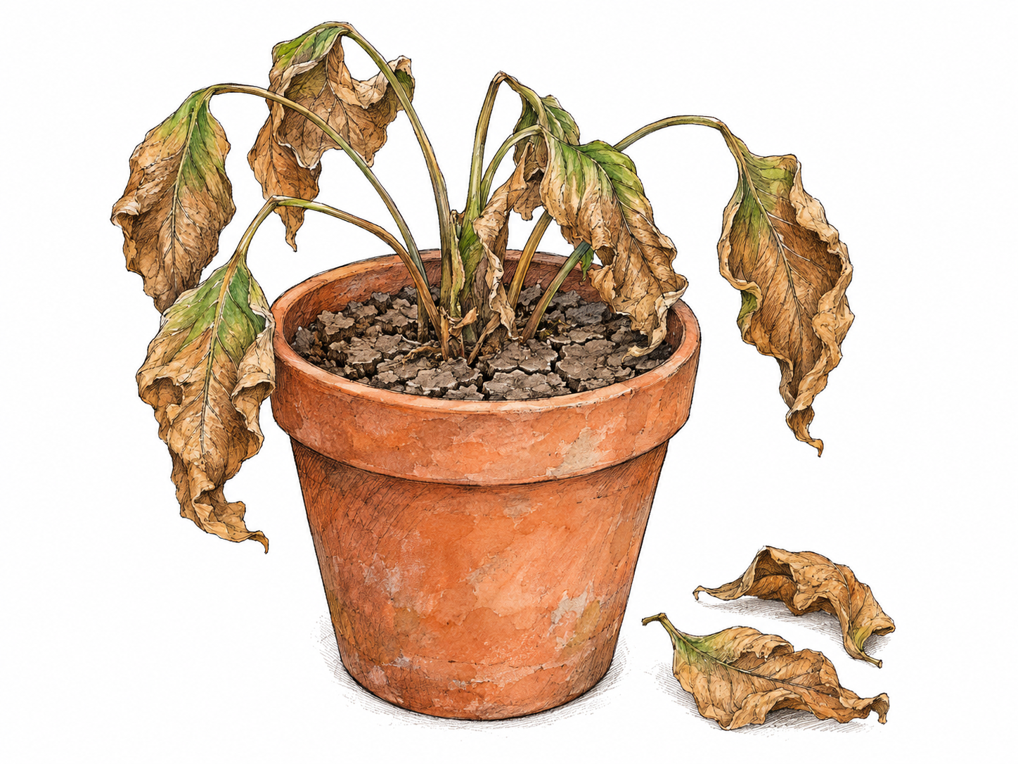 A neglected potted plant with curled, shriveled brown leaves, a sagging stem, and visibly dry, cracked soil makes the literal drying-up sense concrete.
