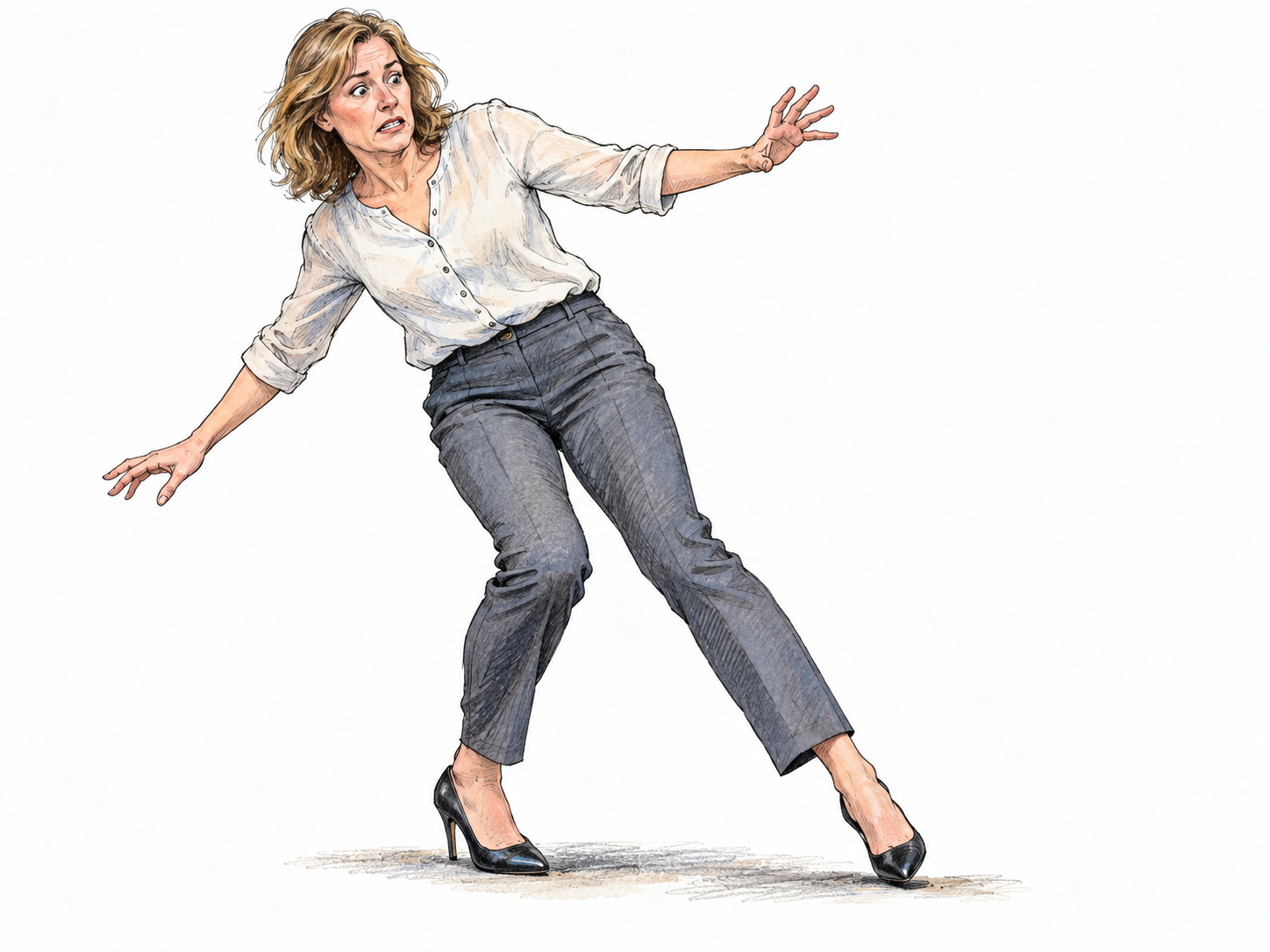 A middle-aged woman totters across level ground in high heels, her ankles wobbling and her body leaning off balance as she takes a precarious next step with both arms extended for balance.