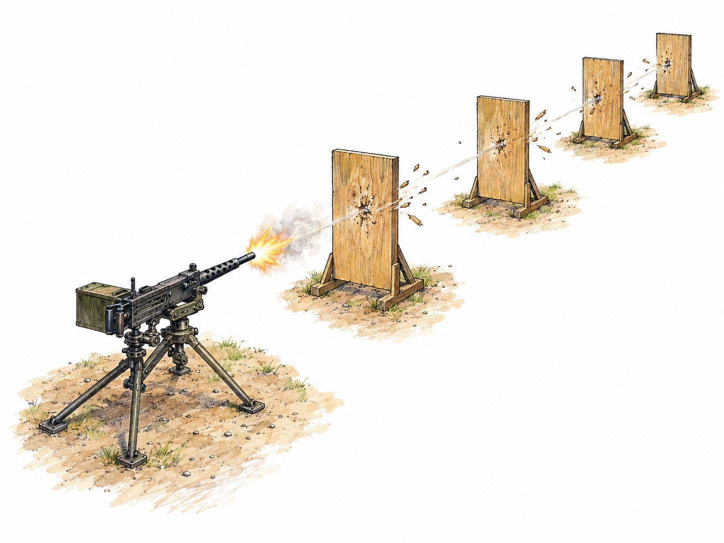 An elevated oblique view of a mounted gun firing from one end of a straight row of plain target panels, making clear that the fire travels along the row rather than across it.