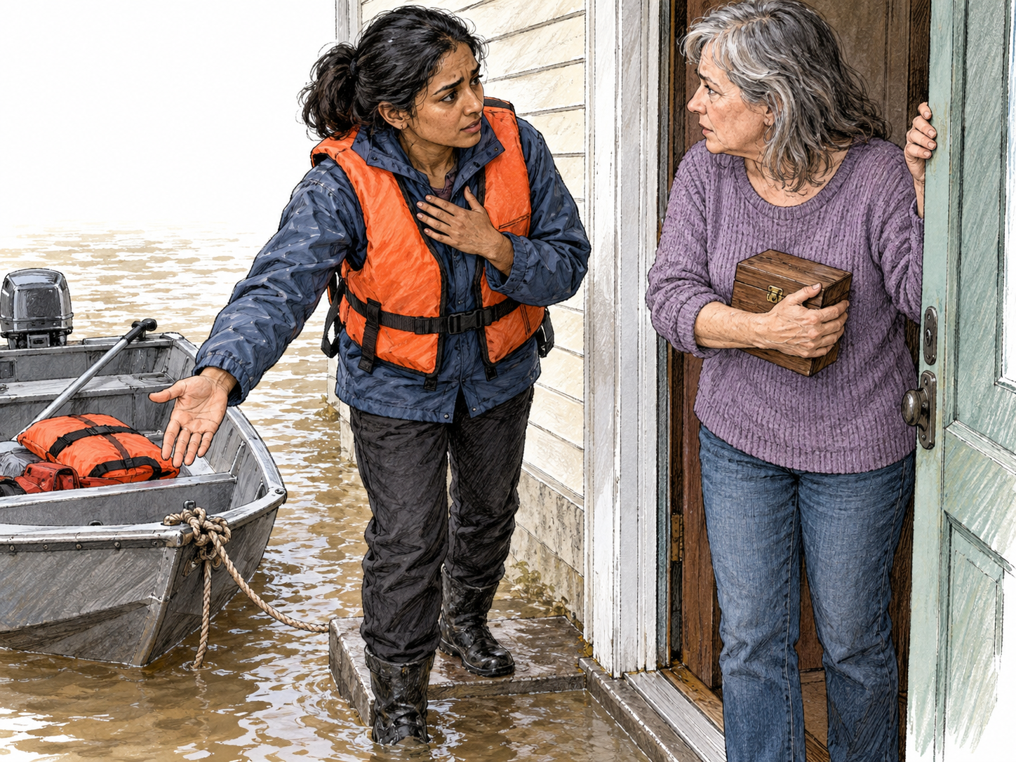 A woman solemnly appeals to a reluctant resident to leave a flood-threatened home, holding her gaze and placing a hand over her heart while indicating the waiting rescue boat.