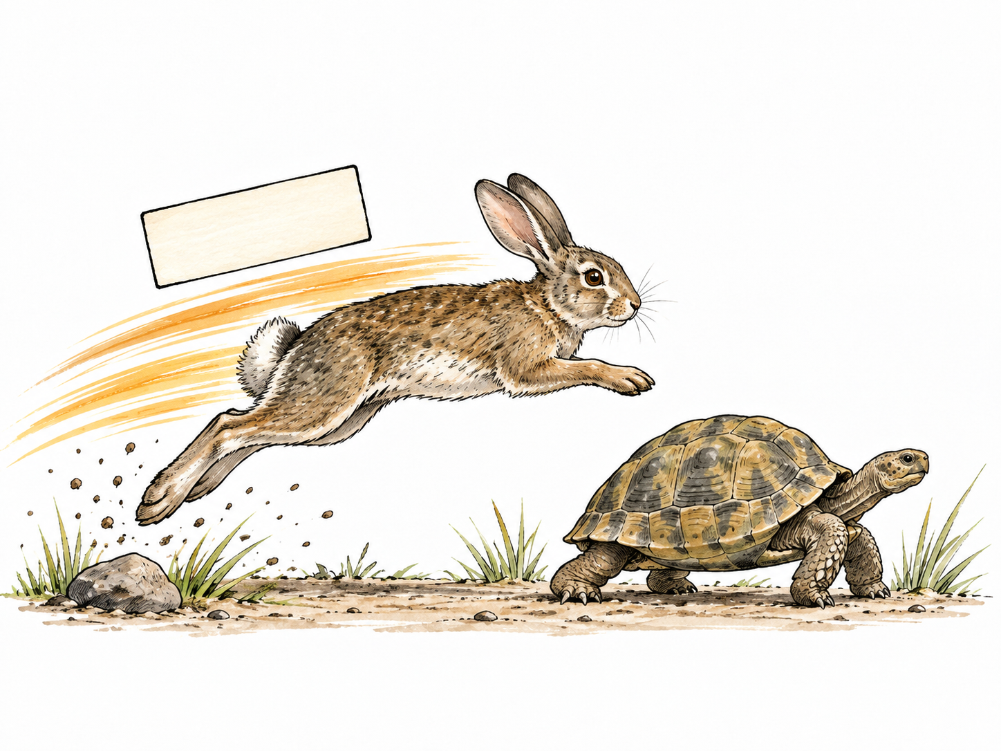 A rabbit dashes swiftly while a slow tortoise walks nearby, contrasting how actions occur; a small blank word tile beside the motion strokes.
