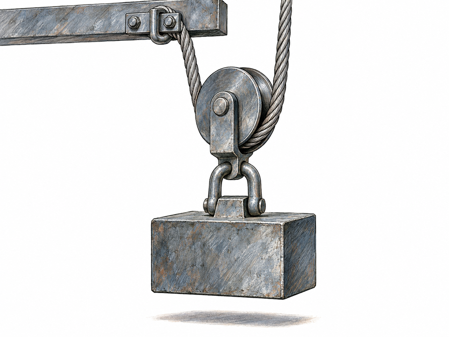 A thick stranded steel cable runs over a pulley and supports a suspended heavy metal block, making its structure and supporting function visible.