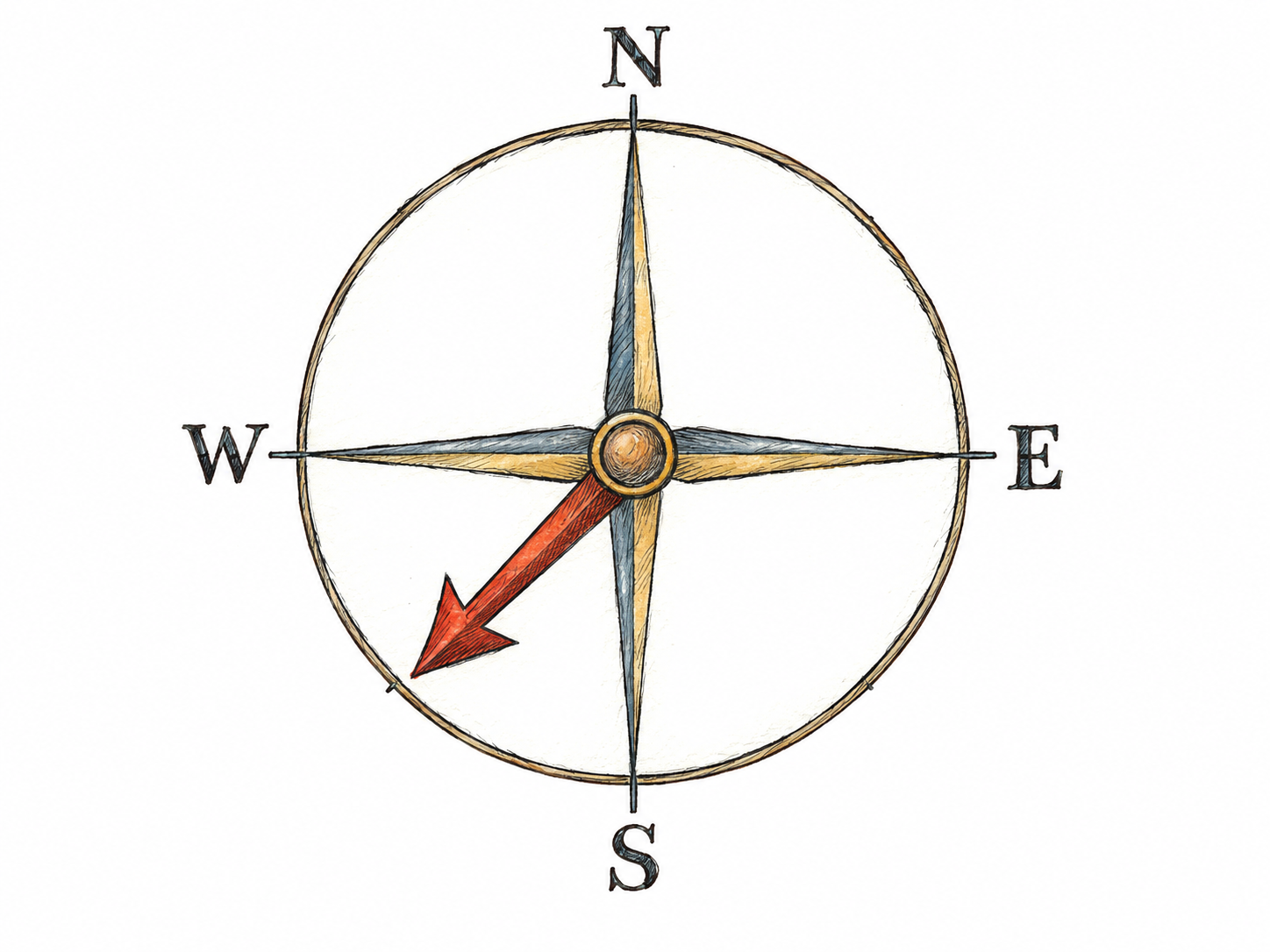 A simple compass rose with cardinal letters and one prominent arrow pointing diagonally down-left, exactly halfway between south and west.