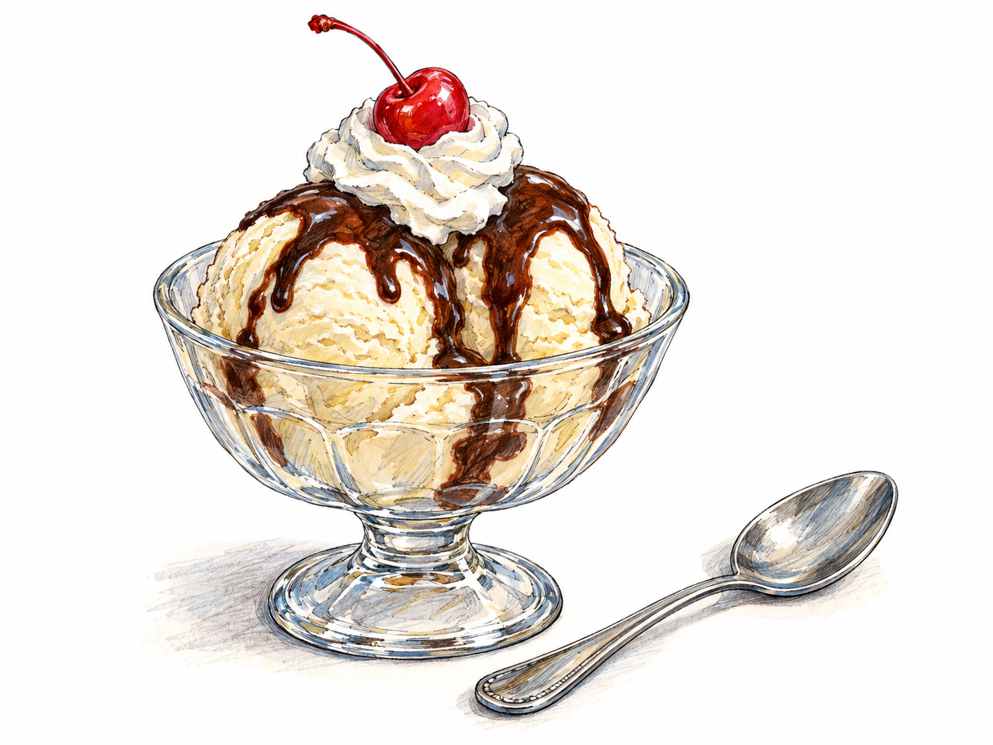 A clear glass dessert dish containing scoops of ice cream drizzled with chocolate syrup and topped with whipped cream and a cherry.