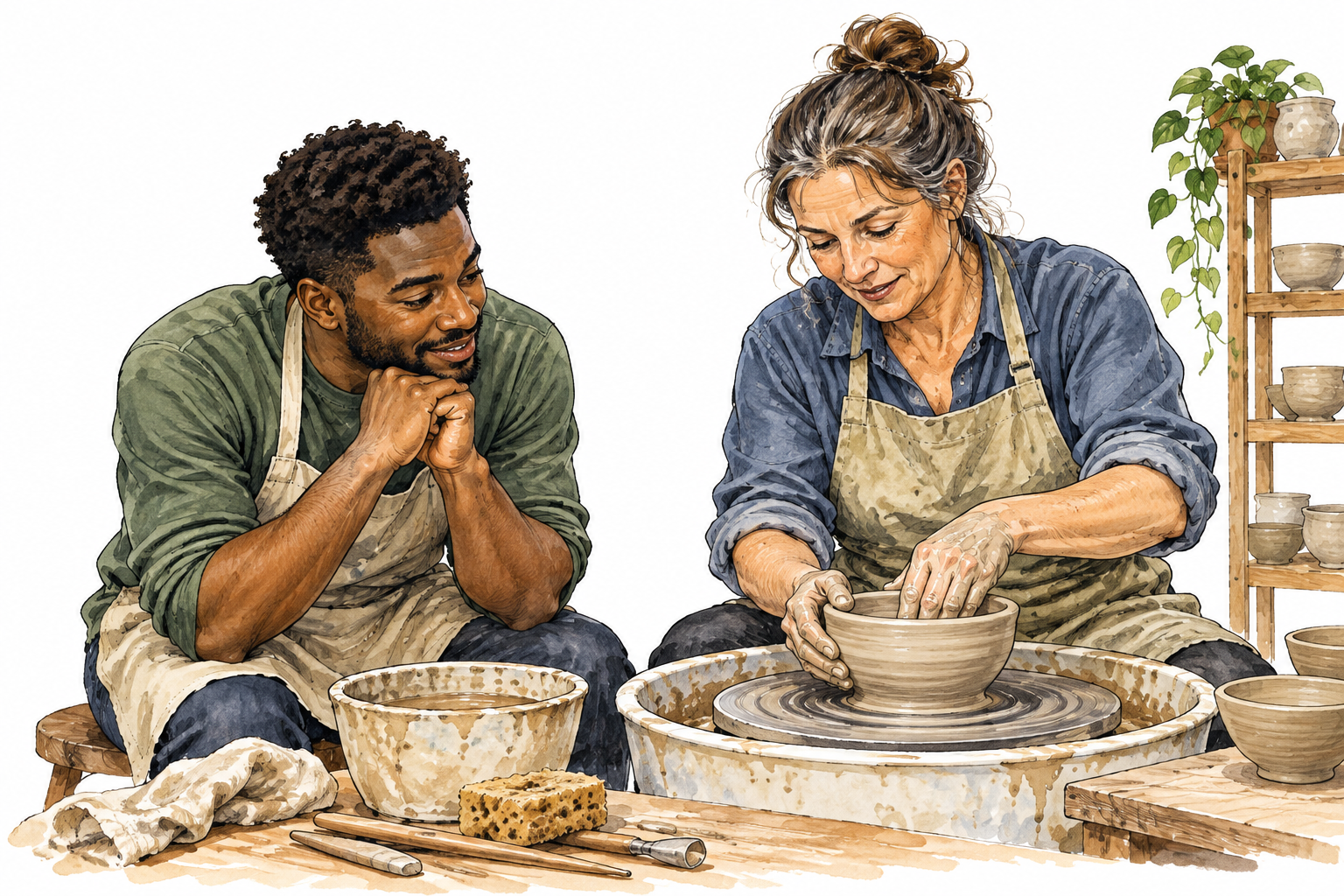 An adult beginner at pottery watches an experienced teacher demonstrate their first simple bowl.