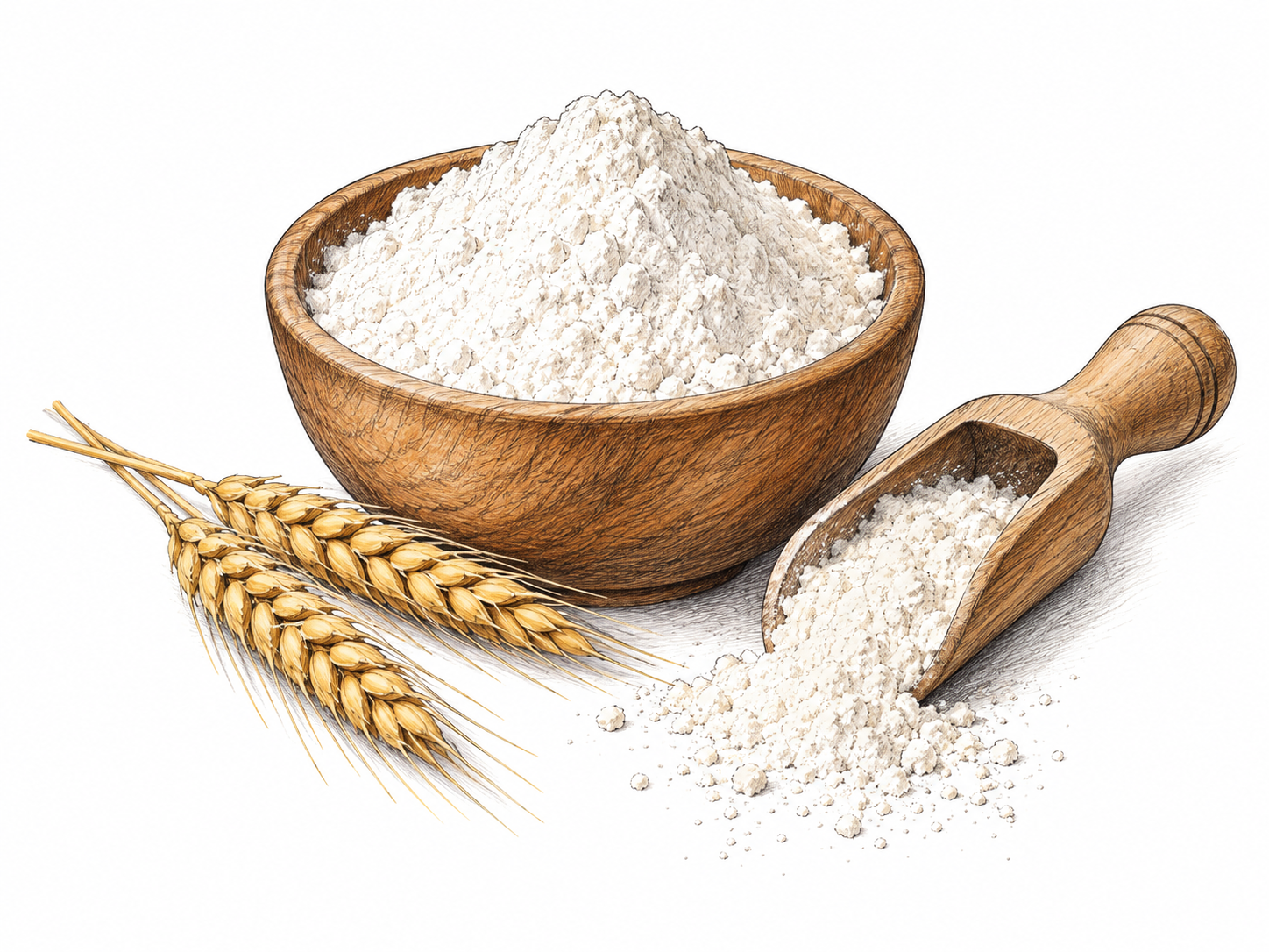 Small bowl of fine white wheat flour with scoop and little powder spill, two wheat ears alongside identify ground-grain source; no packaging, words or excessive pantry props.