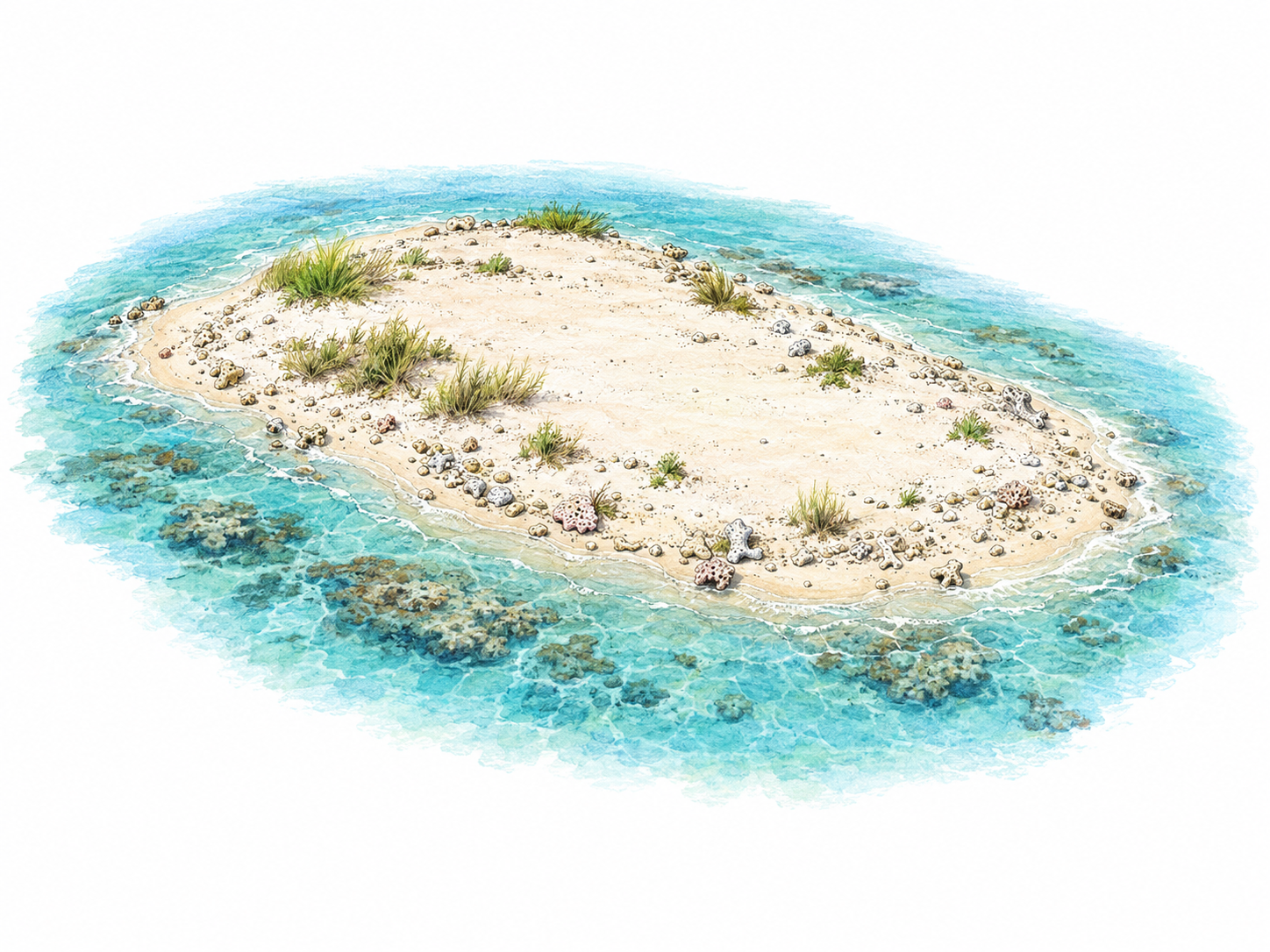 An elevated three-quarter view of a tiny, flat sand-and-coral island, surrounded on every side by shallow turquoise sea, with its very low shoreline clearly visible.