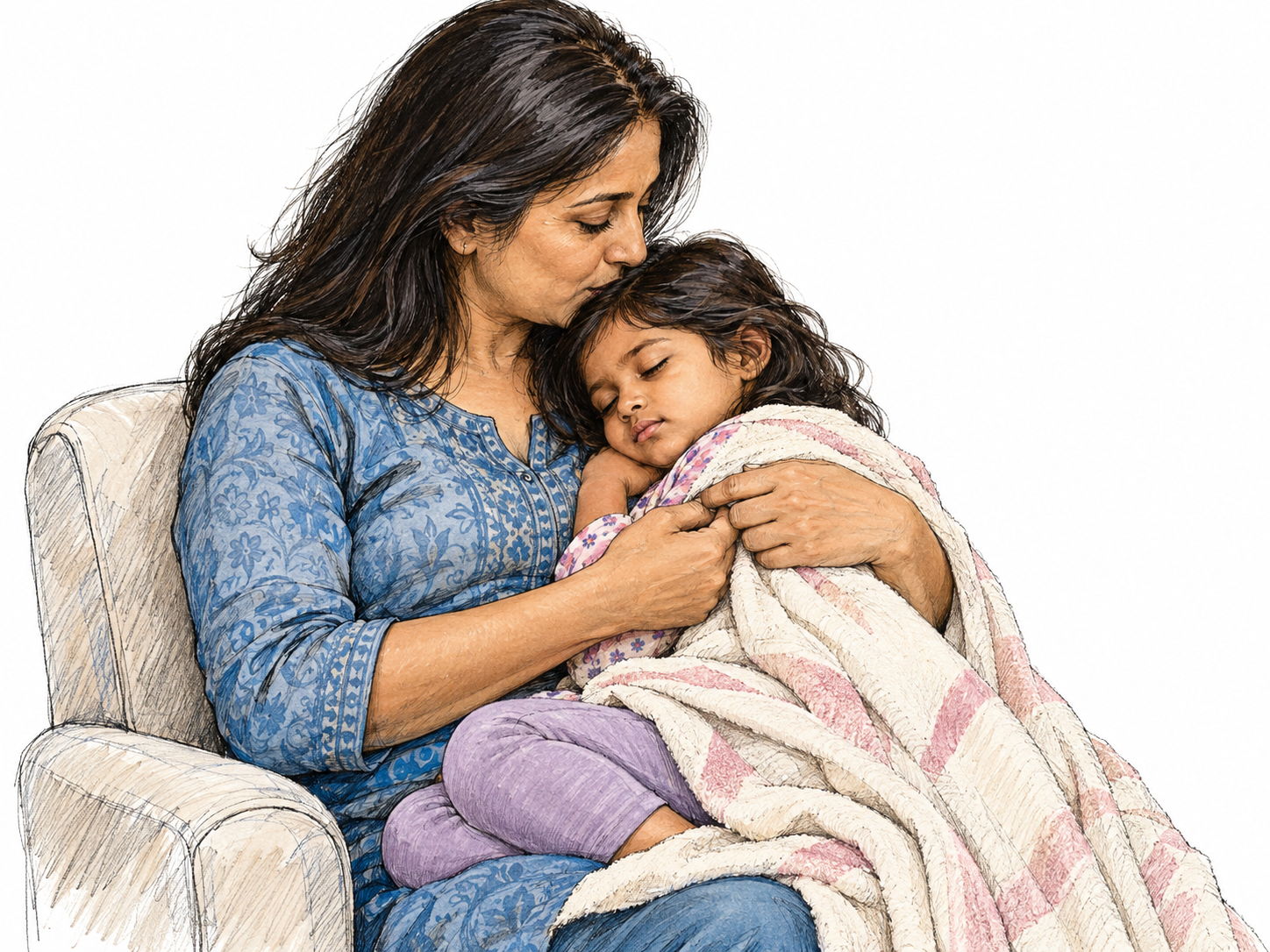 A mother tenderly cradles her sleeping young daughter against her chest, kissing her hair while carefully tucking a soft blanket around her.