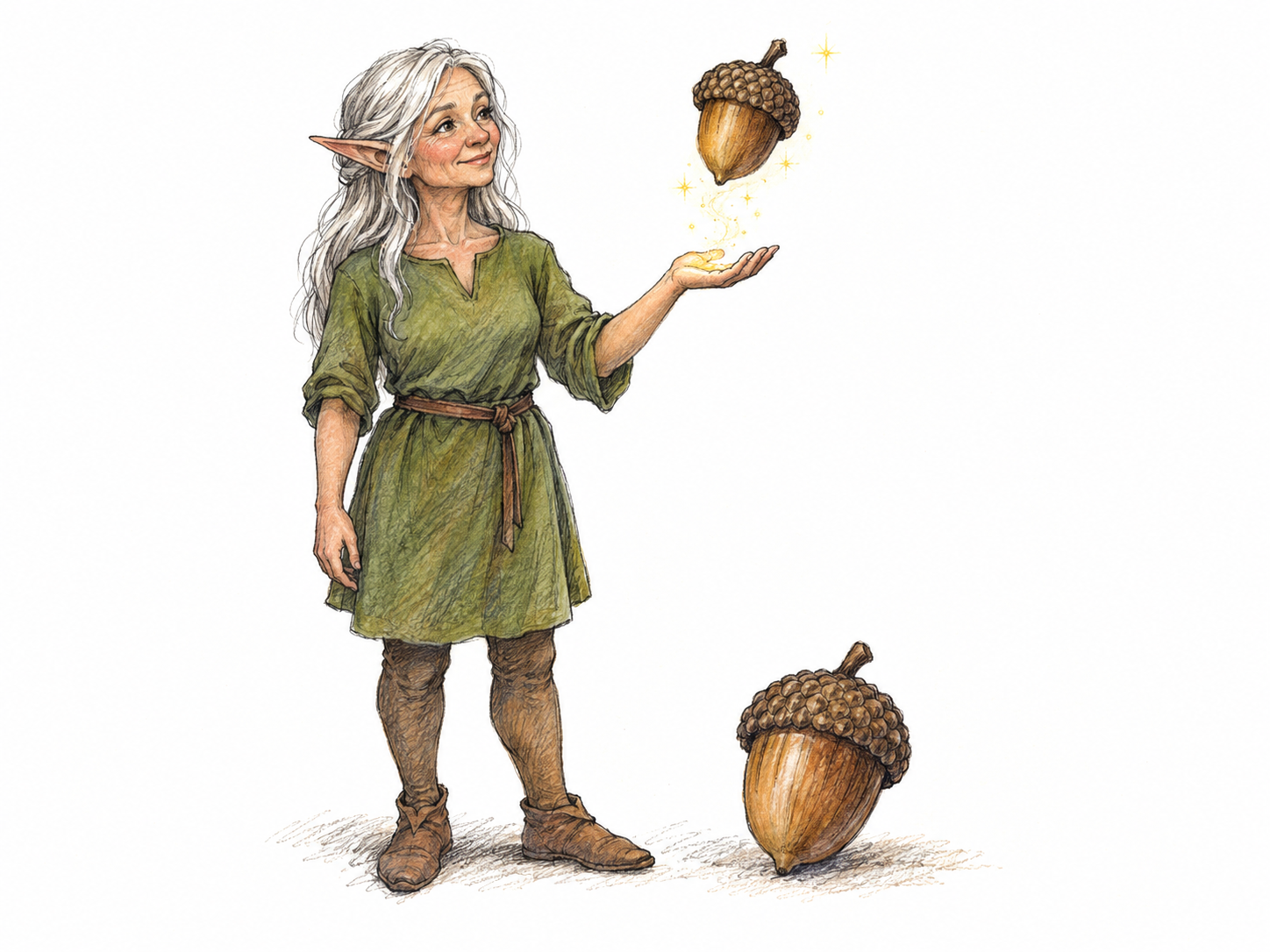 A tiny, wingless, pointed-eared elf stands beside an ordinary acorn and magically levitates another acorn above an outstretched hand.