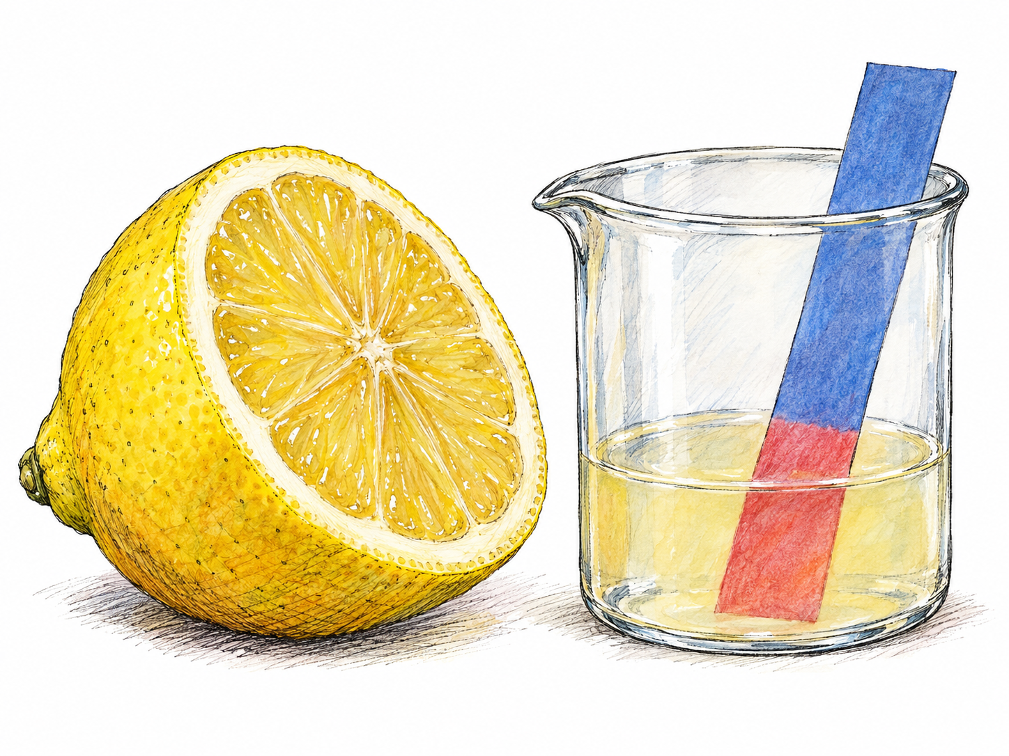 A cut lemon beside a small laboratory beaker of lemon juice, with a blue litmus strip turning red where dipped into the juice.