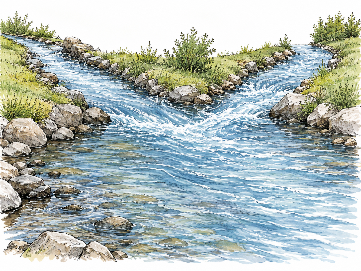 Two adjacent narrow water channels merge into a single wider channel, continuous current and joined water visible, simple stone edging and no labels.