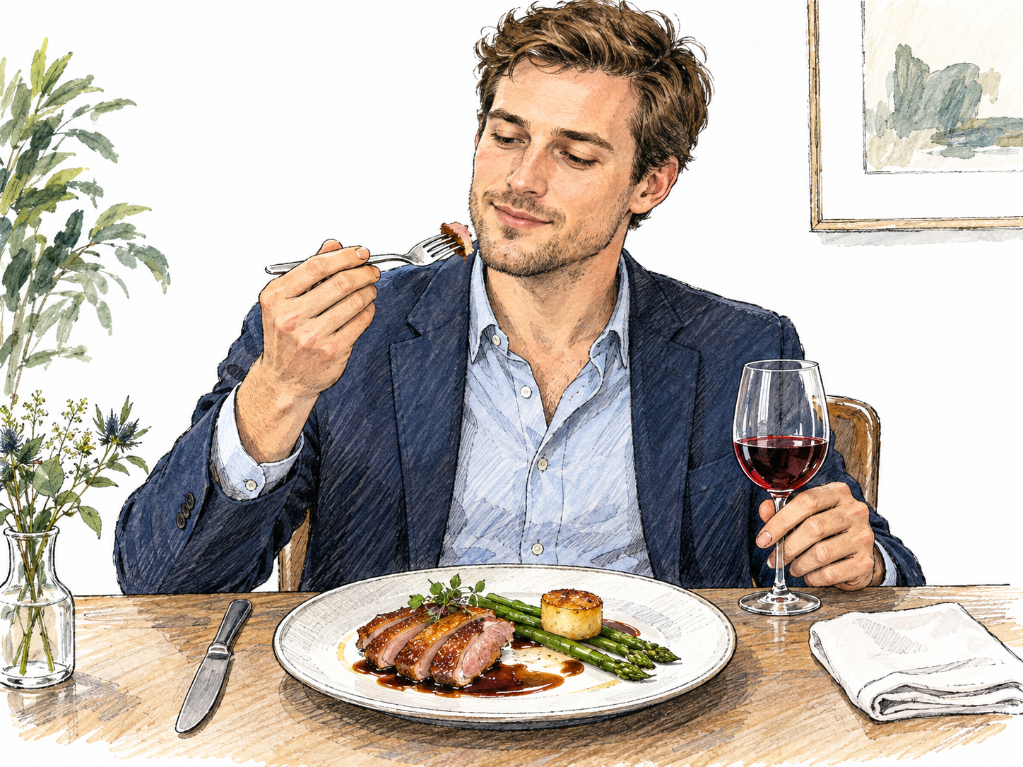 A discerning diner thoughtfully savors a small bite of an elegantly prepared meal, with carefully paired wine beside him.