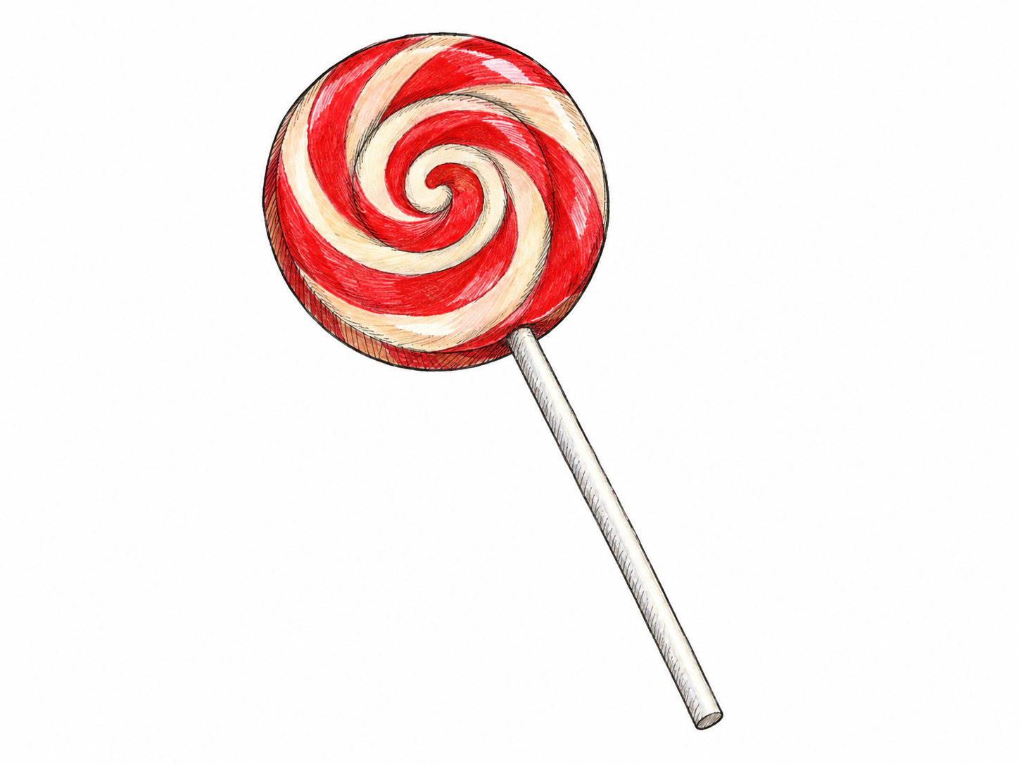 One unwrapped round hard-candy lollipop with a red-and-cream spiral and a clearly visible white stick.