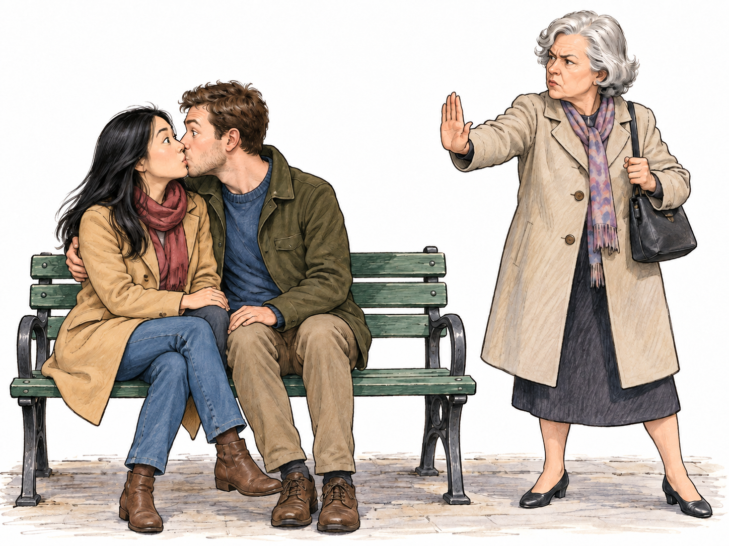 A disapproving onlooker objects to an ordinary fully clothed couple sharing a brief kiss.
