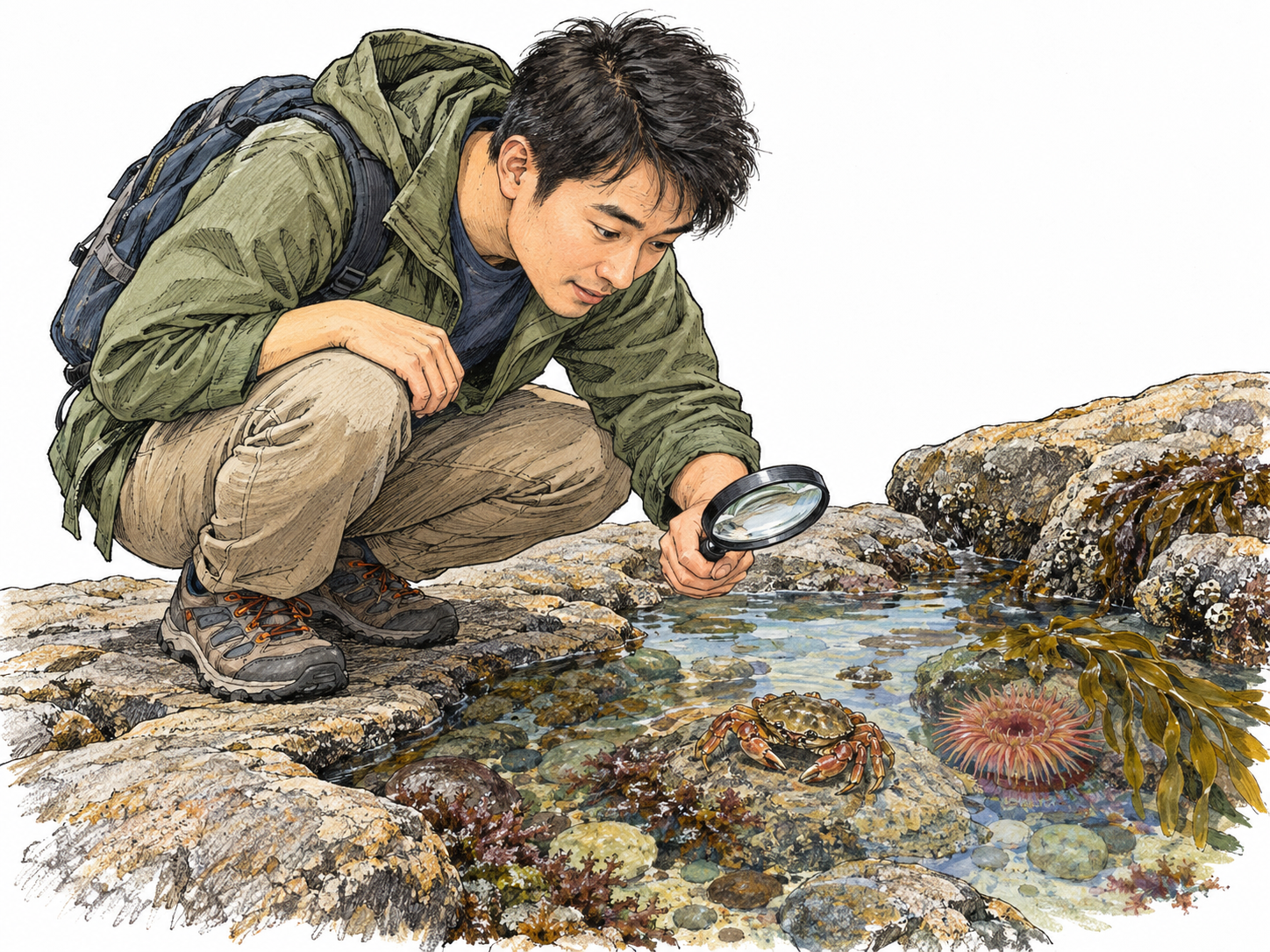 A young adult examines a tide pool closely, crouching at its edge and using a magnifying glass to investigate the small creatures among the rocks.