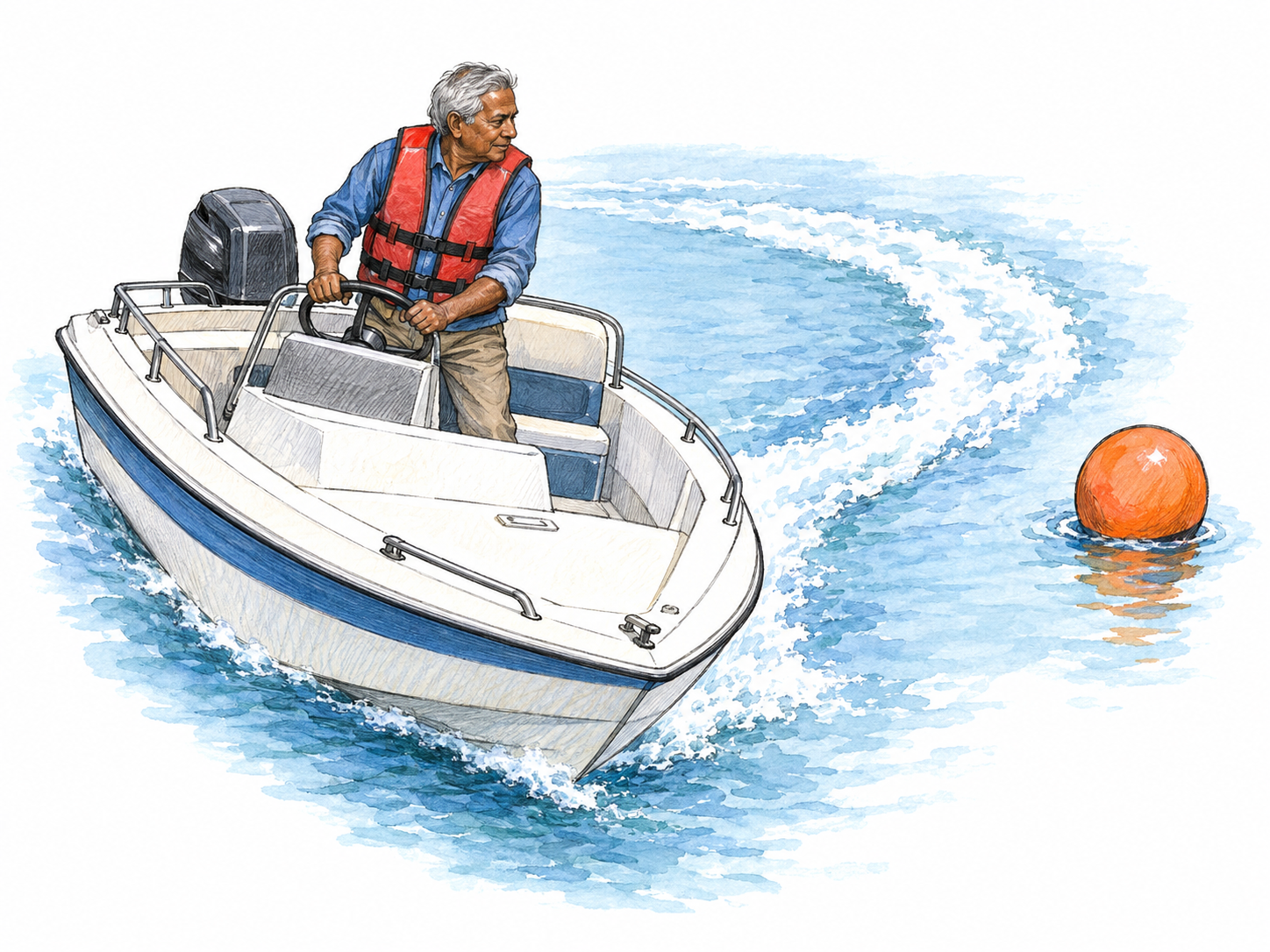 An older man turns a small open motorboat around a buoy, visibly using its steering wheel to guide the boat into a curved course.